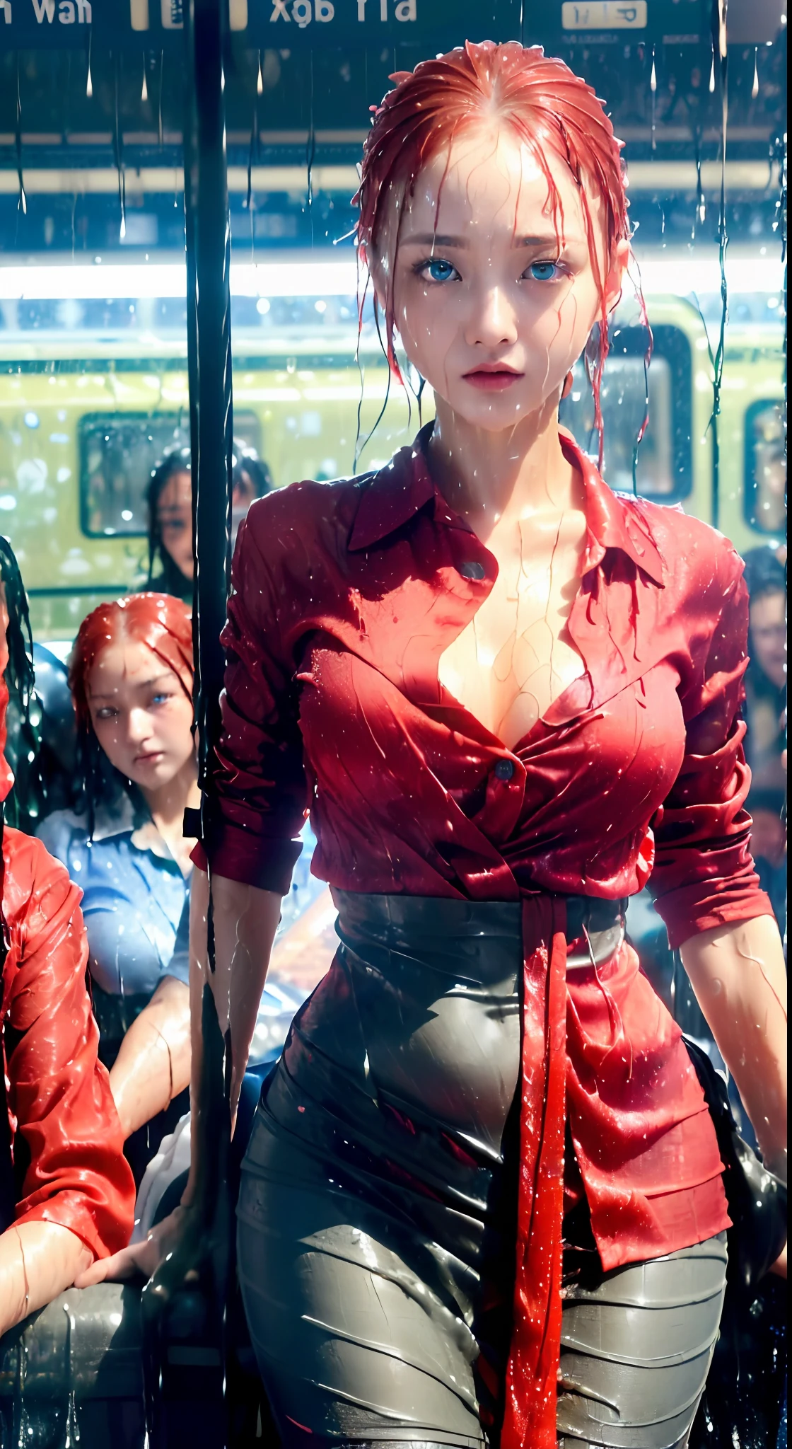 ((A very cute woman on a crowded train (((Wearing a red silk open shirt: 1.5.) All ripped holes, broken clothes, 40k, photography, masterpiece, best quality, dark gray background, ((1 girl with blue eyes and gorgeous red hair)). A beautiful woman with a big ass full and soft breasts and fair skin, various poses. ((:1.4)), super detailed face, detailed eyes. At a crowded train station. ((She's wet)).
