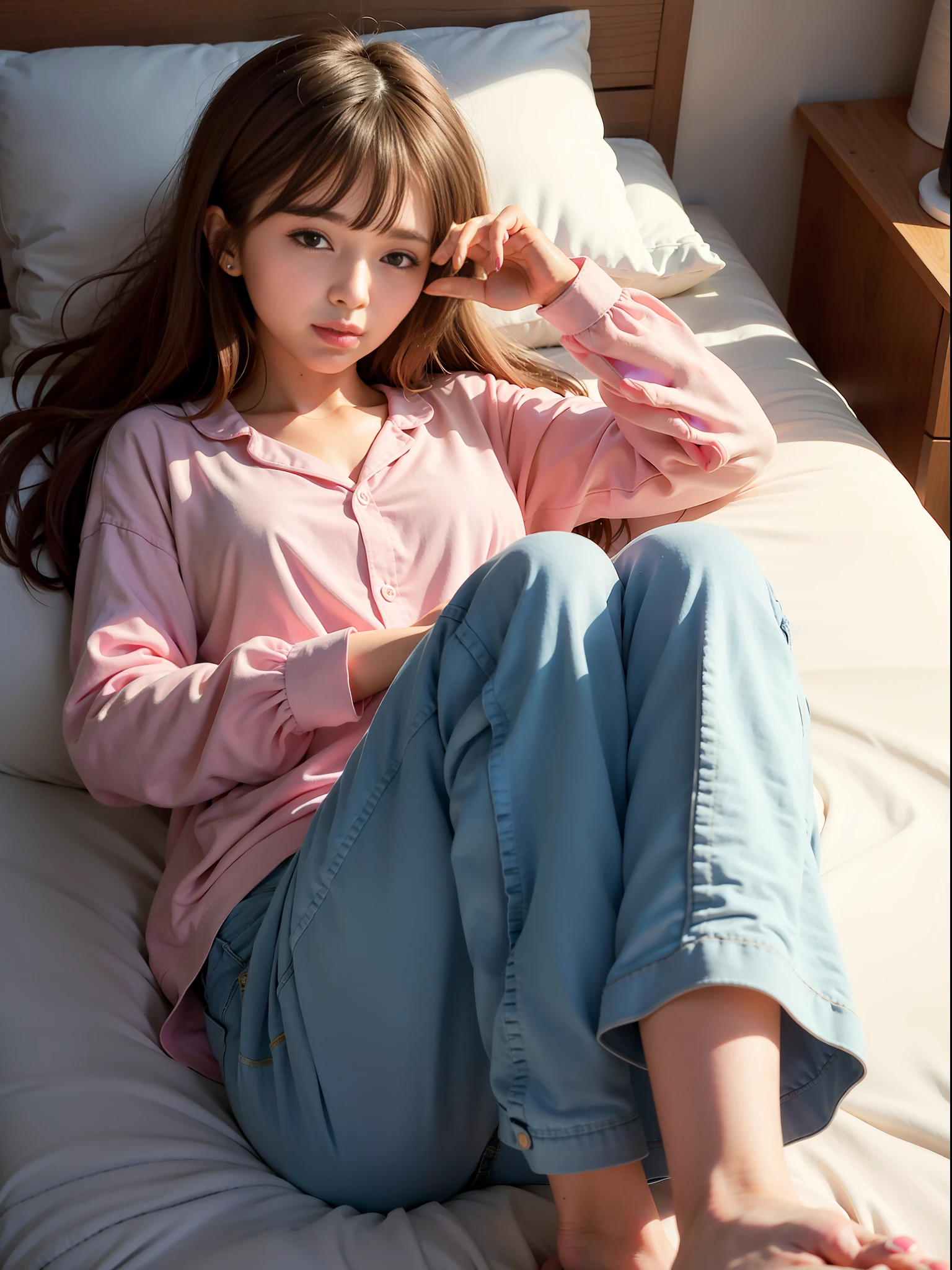 araffe woman laying on a bed with her legs crossed, wearing pajamas, sitting on the bed, kawaii shirt and jeans, soft cute colors, ulzzang, sitting on a bed, reclining on bed, sleepwear, wearing a baggy pajamas, sitting on her bed, relaxed pose, in pastel colors, sitting in bedroom, laying on a bed