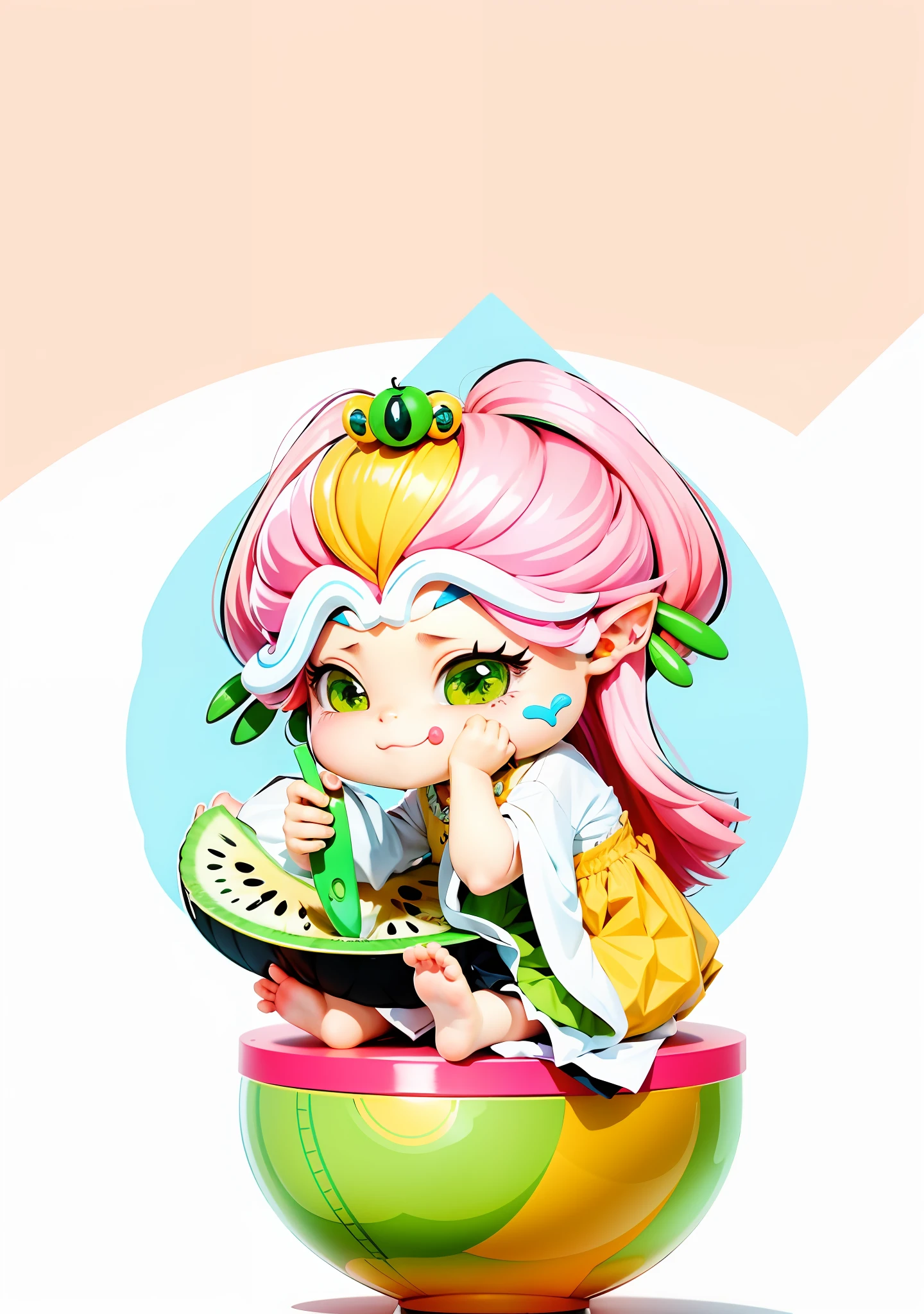 A cute cartoon girl is sitting with a yellow spoon eating watermelon, her hair is pink, her top is white, her skirt is green, line art, blank background