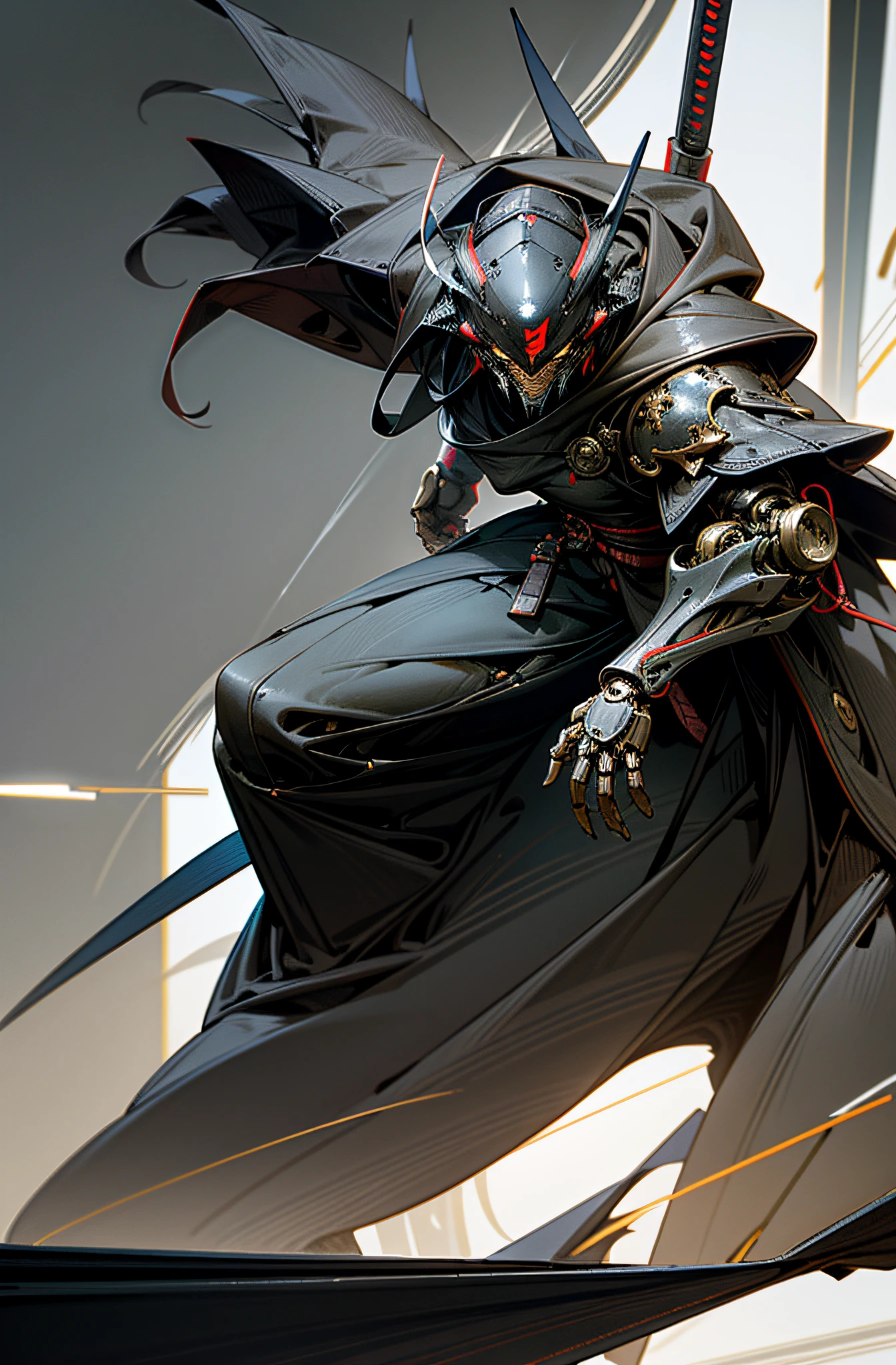 Dark_Fantasy,Cyberpunk,1manMechanical marvel,Robotic presence,Cybernetic guardian, samurai mechanical armour, katana on the waist, absolutely stunning art,wearing a black cloak, highest quality art, highest resolution, hyper detailed,black and red
