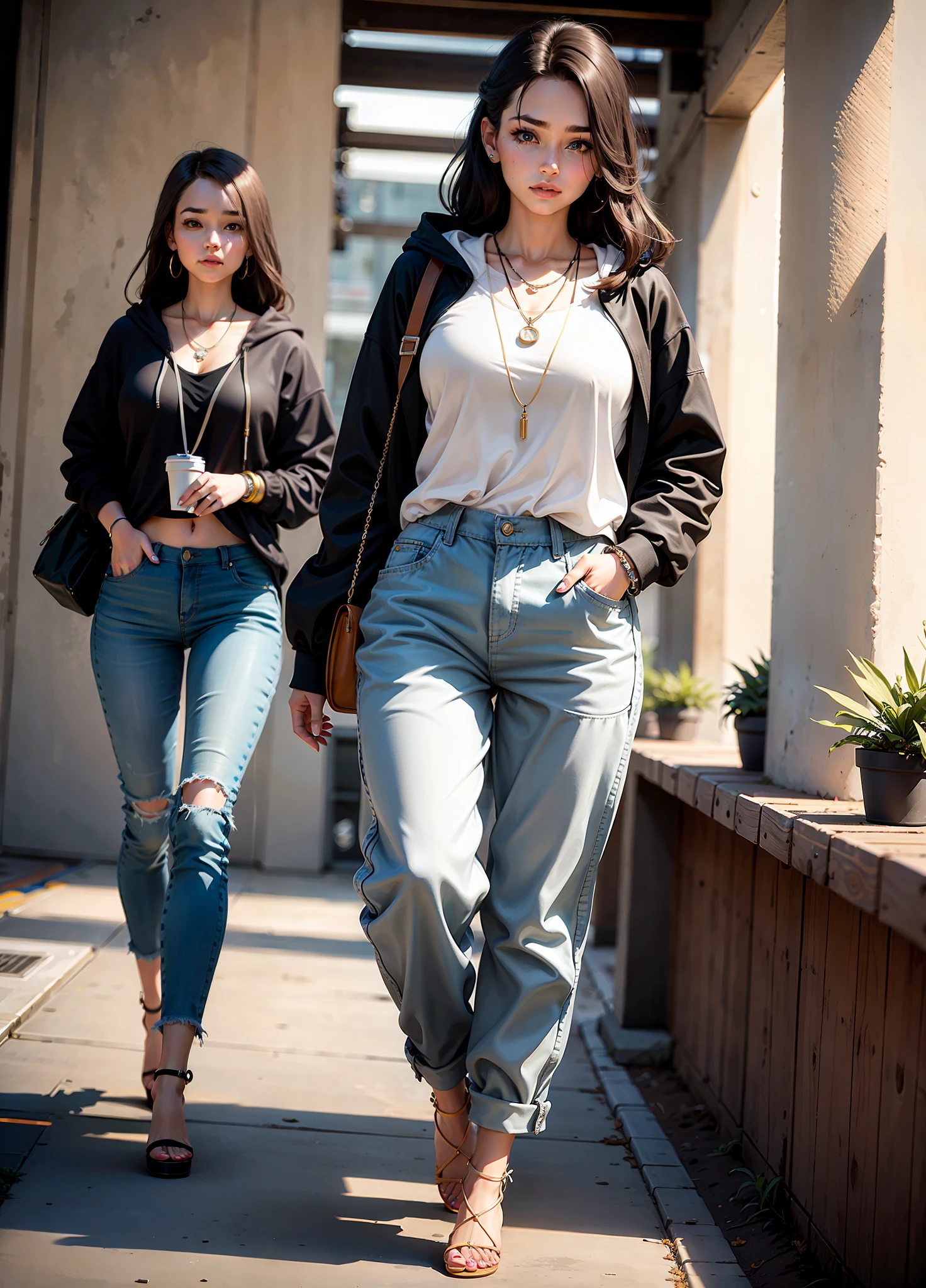 Girl wearing loose pants and hoodie, 1 girl, 4k, very detailed, realistic, necklace, many bracelets, high heels, full body, viewer, 25 years old, delicate face, gray theme