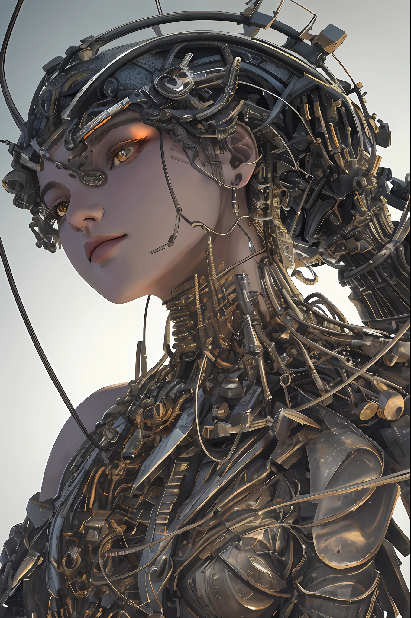 1mechanical girl,((ultra realistic details)), portrait, global illumination, shadows, octane render, 8k, ultra sharp,metal,intricate, ornaments detailed, cold colors, egypician detail, highly intricate details, realistic light, trending on cgsociety, glowing eyes, facing camera, neon details, machanical limbs,blood vessels connected to tubes,mechanical vertebra attaching to back,mechanical cervial attaching to neck,sitting,wires and cables connecting to head