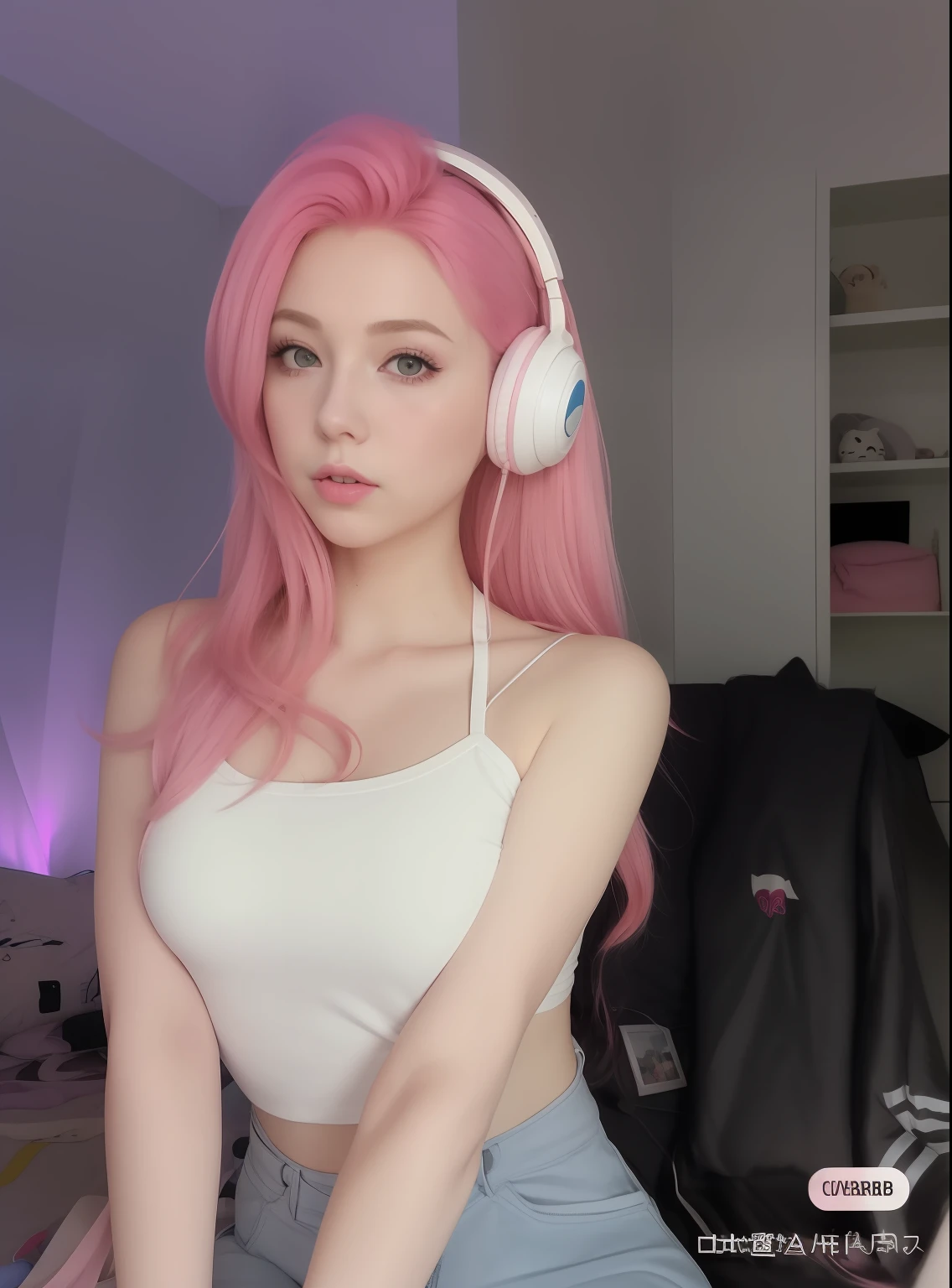 pink hair and headphones sitting on bed, anime girl cosplay, beauty delfin, anime girl in real life, amoulin, anime inspiration, anime cosplay, long flowing pink hair, flowing pink hair, professional cosplay, pink hair, cosplay, better known as amouranth, realistic cosplay, pink two-tailed hair and cyan eyes
