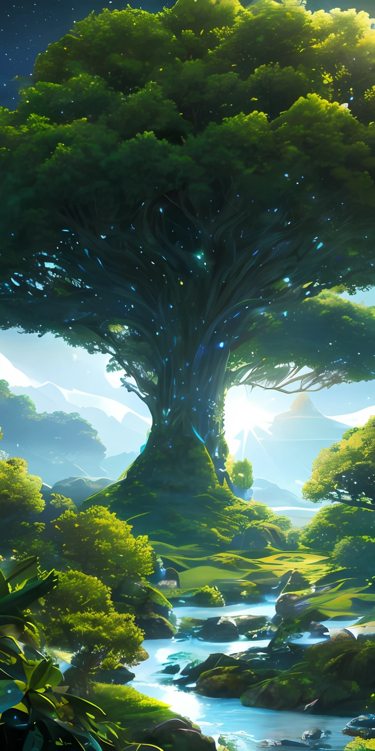 Illustration of a surreal, otherworldly, hyper sky scene including a giant crystal tree full body, highly detailed and magical lighting, intricate forest details, vegetation and surrounding river, solar punk, landscape, giant tree , beautiful green leaves, beautiful lighting and realistic proportions, as if this is a movie background, 8k, highest quality, masterpiece, clouds and stars in the sky.
