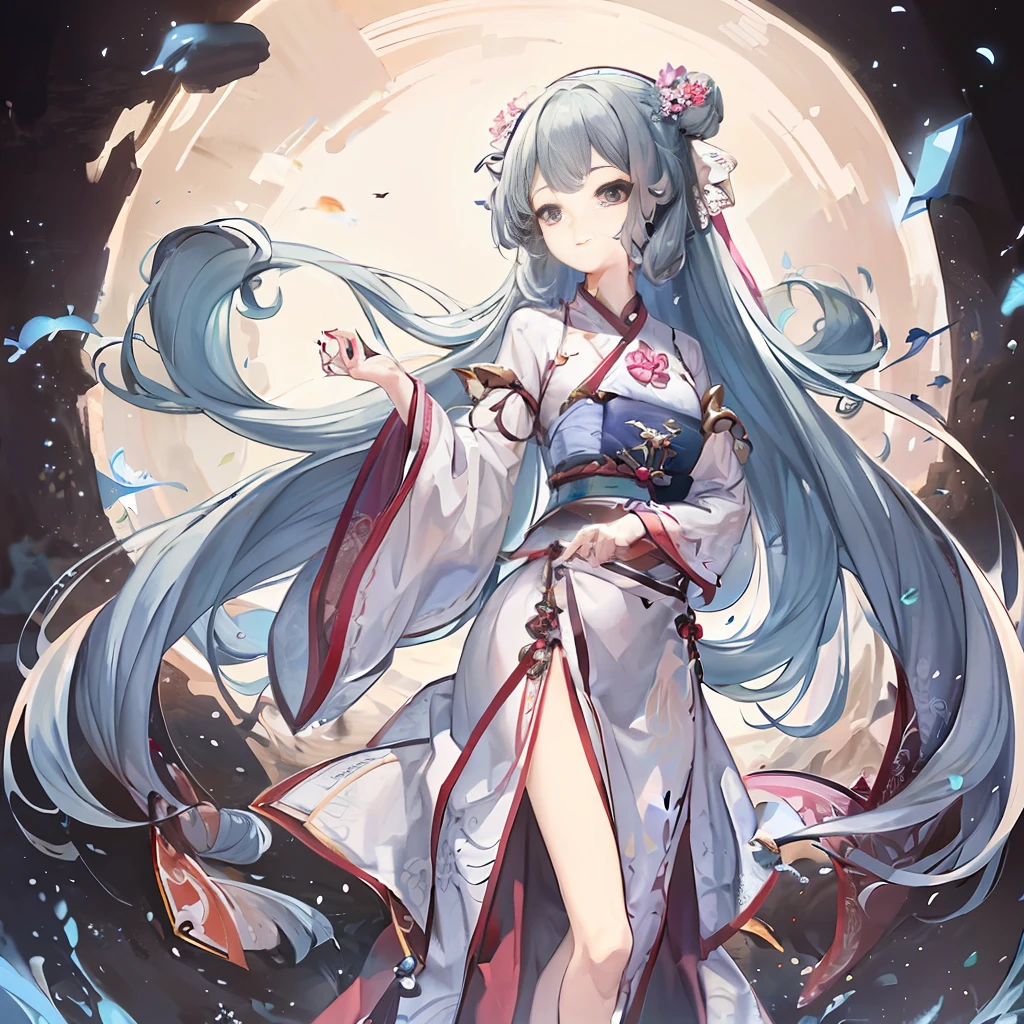 ((4k, masterpiece, best quality, artwork)), ink, Chinese painting, lotus, hanbok, hanbok, maxiskit, beautiful and delicate eyes (beautiful delicate and delicate girl), (beautiful delicate and delicate face), dressed conservatively, 1 beautiful girl, solo, long blue hair, smile, standing, feet in the water, barefoot, looking at the audience, fingers normal natural,