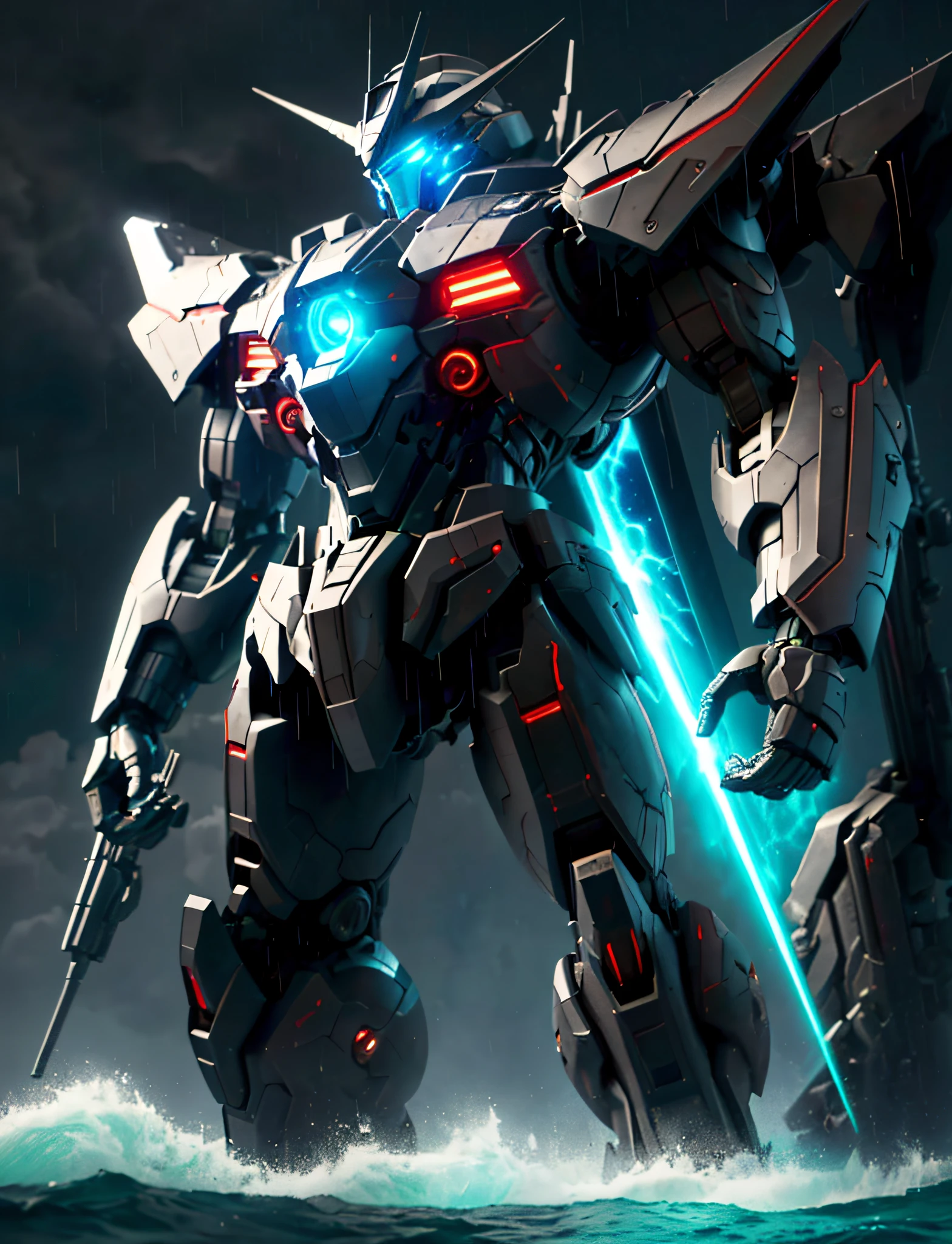 ((Masterpiece)), ((Best Quality))), ((Ultra Detailed)), ((Illustration)), Mecha, Sunrise, Sunlight, Ocean, Thunderbolt, Lightning, ((Night)), ((Darkness)), Dynamic Angle, Blue Shell, Dark Red, Glow Energy Block, Blue Eyes, ((Solo)), Mecha, Looking at the Audience, Standing, Combat Status, Firing Energy Cannon, Weapon, V-Fin, (from the side), Mechanical Head, Cannon, Glow, Spike, Realistic, Edge Light, (Moody's Lighting: 1.2), ((Volume illumination: 1.2)), Darkness, ((Strong illumination: 1.4)), glowing eyes, ((Standing at sea: 1.2)), ((Rain)), Mecha surface with certain wear, aqua,