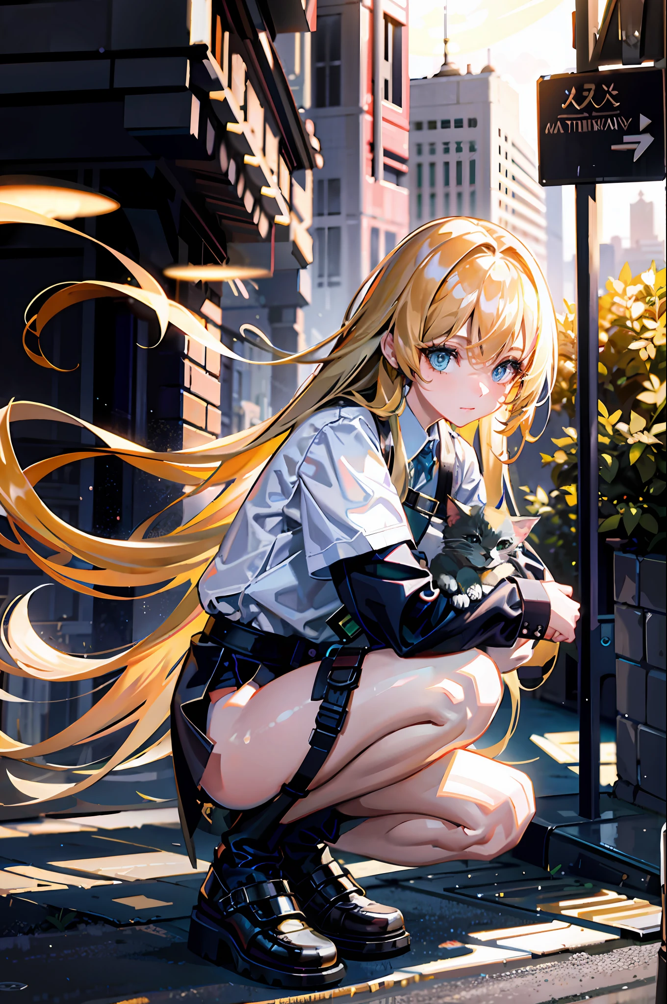 {{masterpiece, best quality, extremely detailed CG, unity 8k wallpaper, cinematic lighting, lens flare}}, a girl squatting on the side of the street and playing with a kitten, full body view, thick body, long blond hair, green eyes,