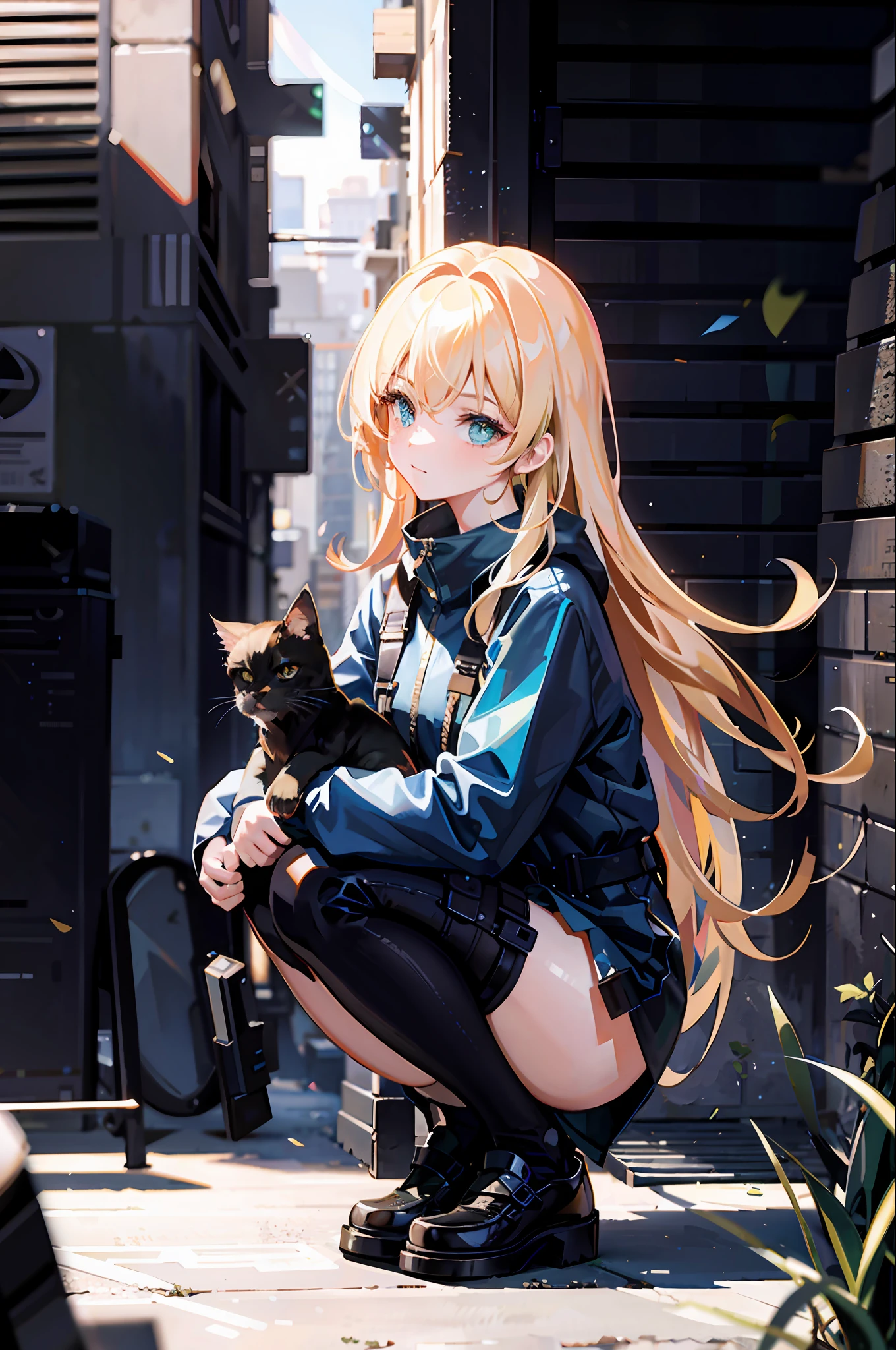 {{masterpiece, best quality, extremely detailed CG, unity 8k wallpaper, cinematic lighting, lens flare}}, a girl squatting on the side of the street and playing with a kitten, full body view, thick body, long blond hair, green eyes,