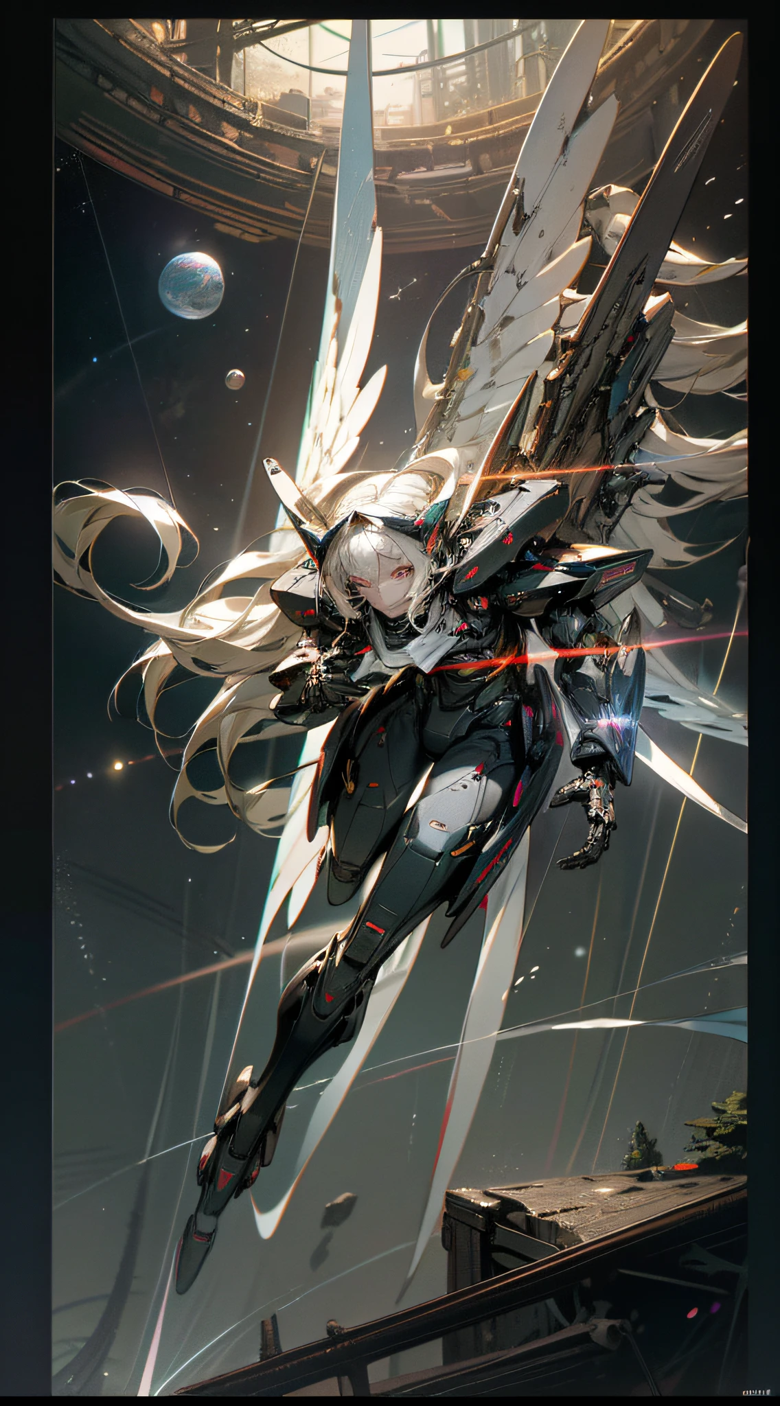 ((Best quality)), ((masterpiece)), (highly detailed:1.3), 3D, Pretty, (cyberpunk:1.2), In Space, Nebula, holding_weapon, (1Female mecha:1.3), facing the audience, golden eyes, long white-blond hair, long silky hair, full body, (flying, diving down, dynamic, Motion Blur: 1.4), (Giant Mech Wings: 1.6), Look Up, glowing_eyes, Mecha, Panorama, Earth, Nebula, Starlight, Space, Particle, Reality, HDR (High Dynamic Range), Ray Tracing, NVIDIA RTX, Super Resolution, Unreal 5, Subsurface Scattering, PBR Textures, Post-processing, Anisotropic Filtering, Depth of Field, Maximum Sharpness and Sharpness, Multi-layer Textures, Albedo and Specular Maps, Surface shading, Accurate simulation of light-material interactions, Perfect Proportions, Octane Render, Two-tone illumination, Large aperture, Low ISO, White balance, Rule of Thirds, 8K RAW, High Performance Sub-Pixel, Subpixel Convolution,