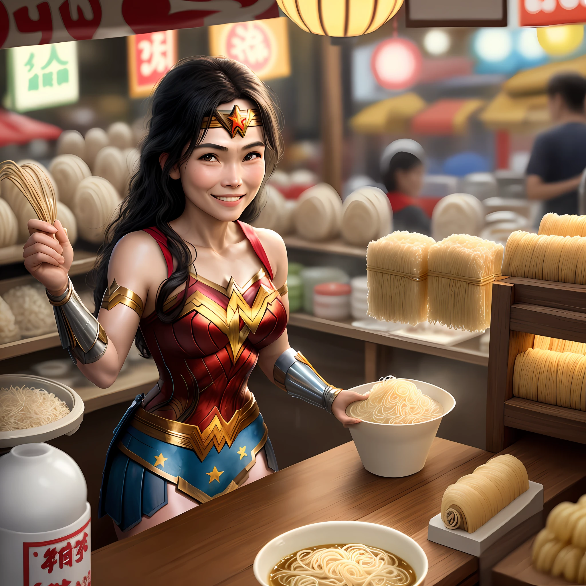 Wonderwoman,selling noodle soap,,in noodle shop,smiling,nightmarket,8k