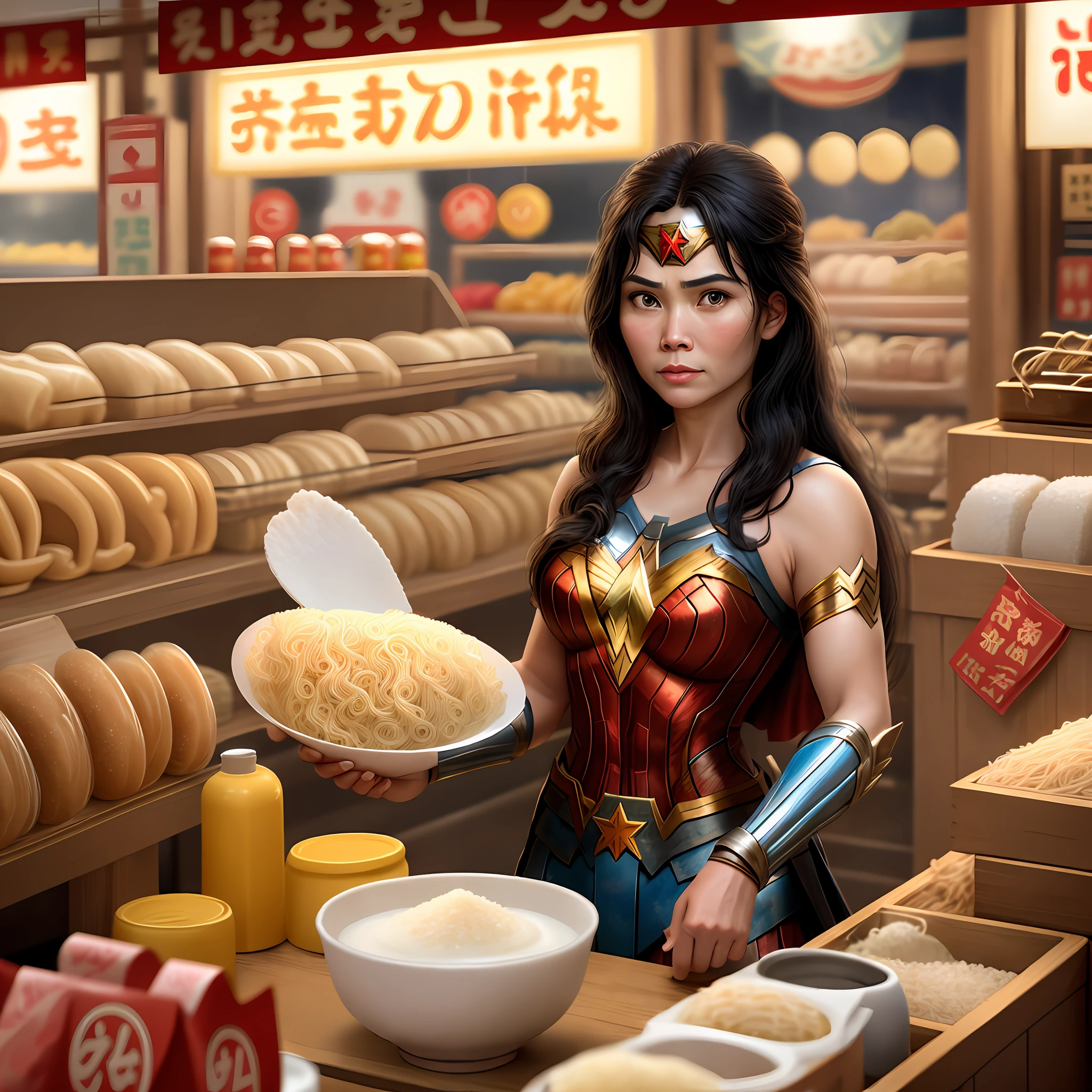 Wonderwoman,selling noodle soap,,in noodle shop,nightmarket,8k