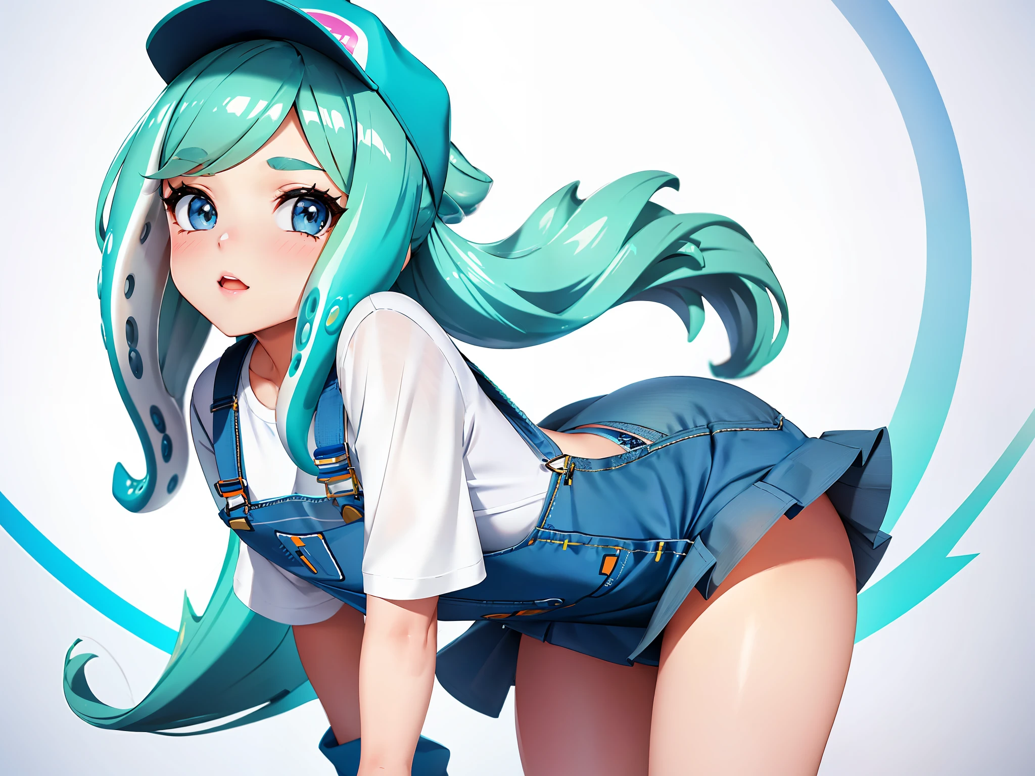 A stunning masterpiece of ultra-detailed artwork, featuring a cute girl from the game Splatoon. The overall picture and the style of the characters are similar to the game Splatoon's CG drawing style. The artwork showcases a full body portrait with a white or simple background. The girl's face is beautifully detailed, with a beautiful detailed face and ultra-detailed captivating eyes that draw you in. The girl is set against a simple white background, which highlights her unique features even more. Her gray blue hair is styled in a fun and playful way, while her orange sweater which slightly oversized adds a pop of color to the image. She is wearing a light blue short skirt that complements her overall look perfectly. Her light blue short skirt adds a touch of playfulness to the overall image. The ratio of her head to her body is about 1:3 or 1:4.