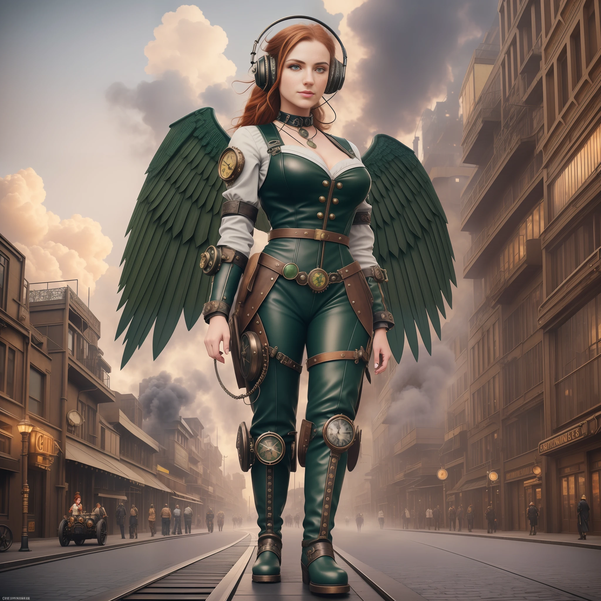 Street photography style image. A snapshot of a steampunk cityscape. Epic automobiles with steam engines on the street. Steam engine powered flying vehicles in the sky. A smiley beautiful 19-years-old caucasian girl in light gray steampunk jumpsuit walking down the street. Red long boots, intercom headset. steampunk choker, perfect detailed face, detailed symmetric green eyes with circular iris, wavy ginger hair, wearing enormous mechanical wings in her back, overall theme is street photography in Industrial Steampunk City, cogs and gears, steamy background with lots of steam pipes and steam valves and pressure gauges and gears, realistic, stunning realistic photograph, 3d render, octane render, cinematic, Isometric, Centered, hyperealistic cover photo, awesome full color, 12k, high definition, cinematic, portrait featured on unsplash, smooth, ultra high definition, 8k, ultra sharp focus, intricate artwork, masterpiece, ominous, epic, highly detailed, warm cinematic