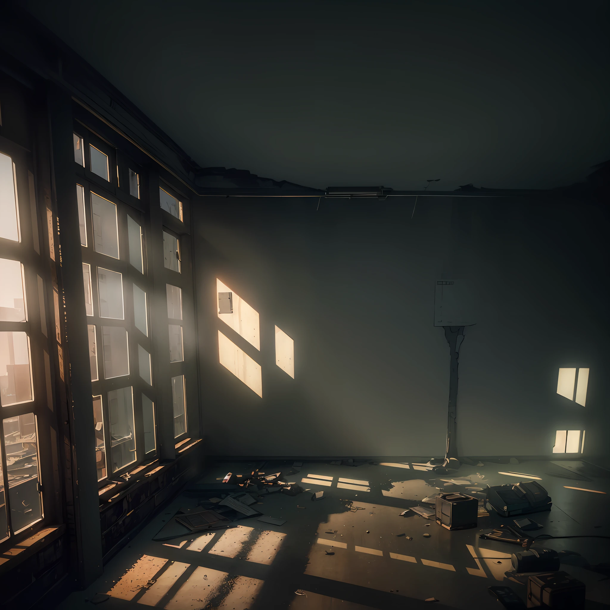 (extremely detailed CG unity 8k wallpaper,masterpiece, best quality, ultra-detailed),(best illumination, best shadow, an extremely delicate and ominous),desolate,empty school classroom,broken windows,apocalyptic atmosphere,sunny day