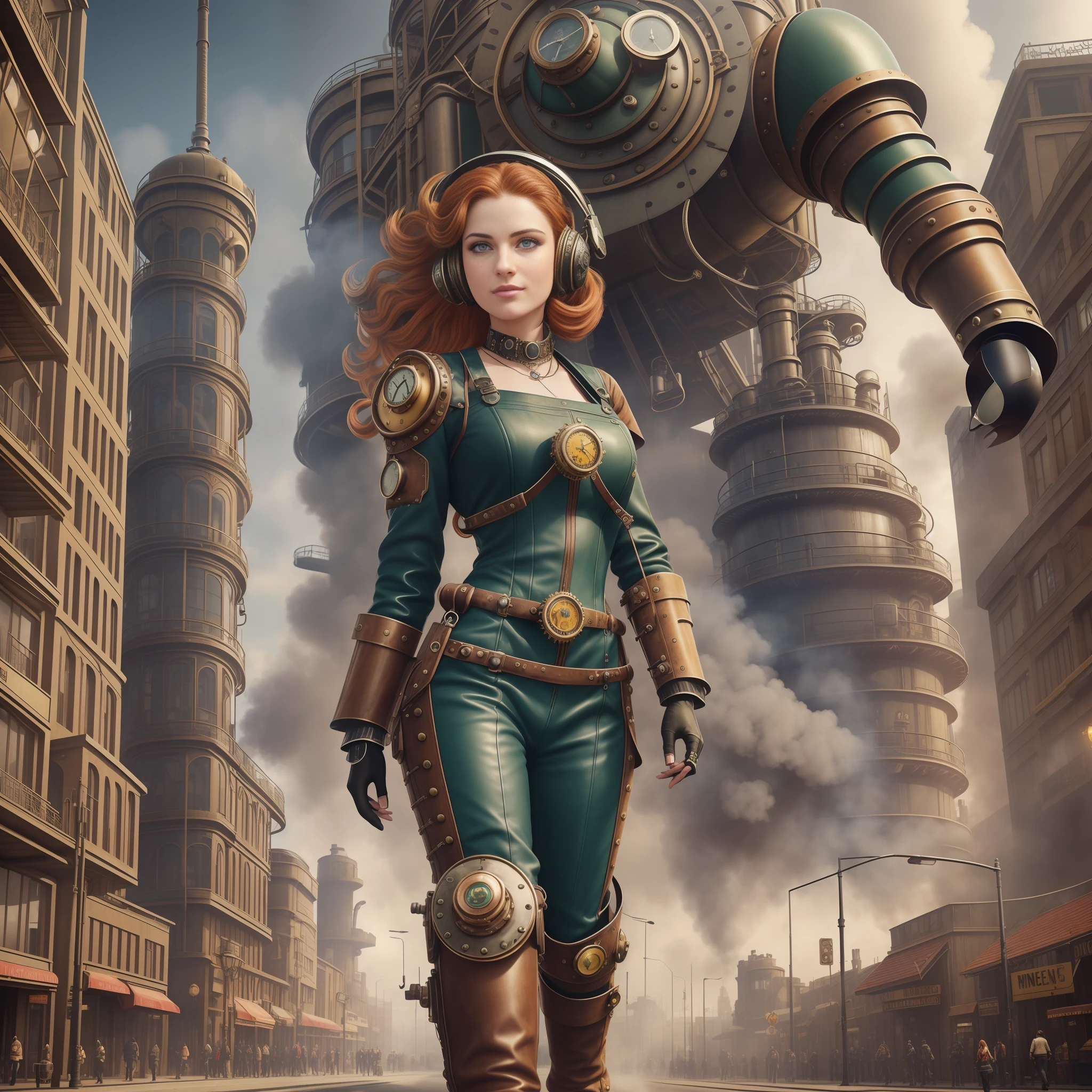 Street photography style image. A snapshot of a steampunk cityscape. Epic automobiles with steam engines on the street. Steam engine powered flying vehicles in the sky. A smiley beautiful 19-years-old caucasian girl in light gray steampunk jumpsuit walking down the street. Red long boots, intercom headset. steampunk choker, perfect detailed face, detailed symmetric green eyes with circular iris, wavy ginger hair, wearing enormous mechanical wings in her back, overall theme is street photography in Industrial Steampunk City, cogs and gears, steamy background with lots of steam pipes and steam valves and pressure gauges and gears, realistic, stunning realistic photograph, 3d render, octane render, cinematic, Isometric, Centered, hyperealistic cover photo, awesome full color, 12k, high definition, cinematic, portrait featured on unsplash, smooth, ultra high definition, 8k, ultra sharp focus, intricate artwork, masterpiece, ominous, epic, highly detailed, warm cinematic