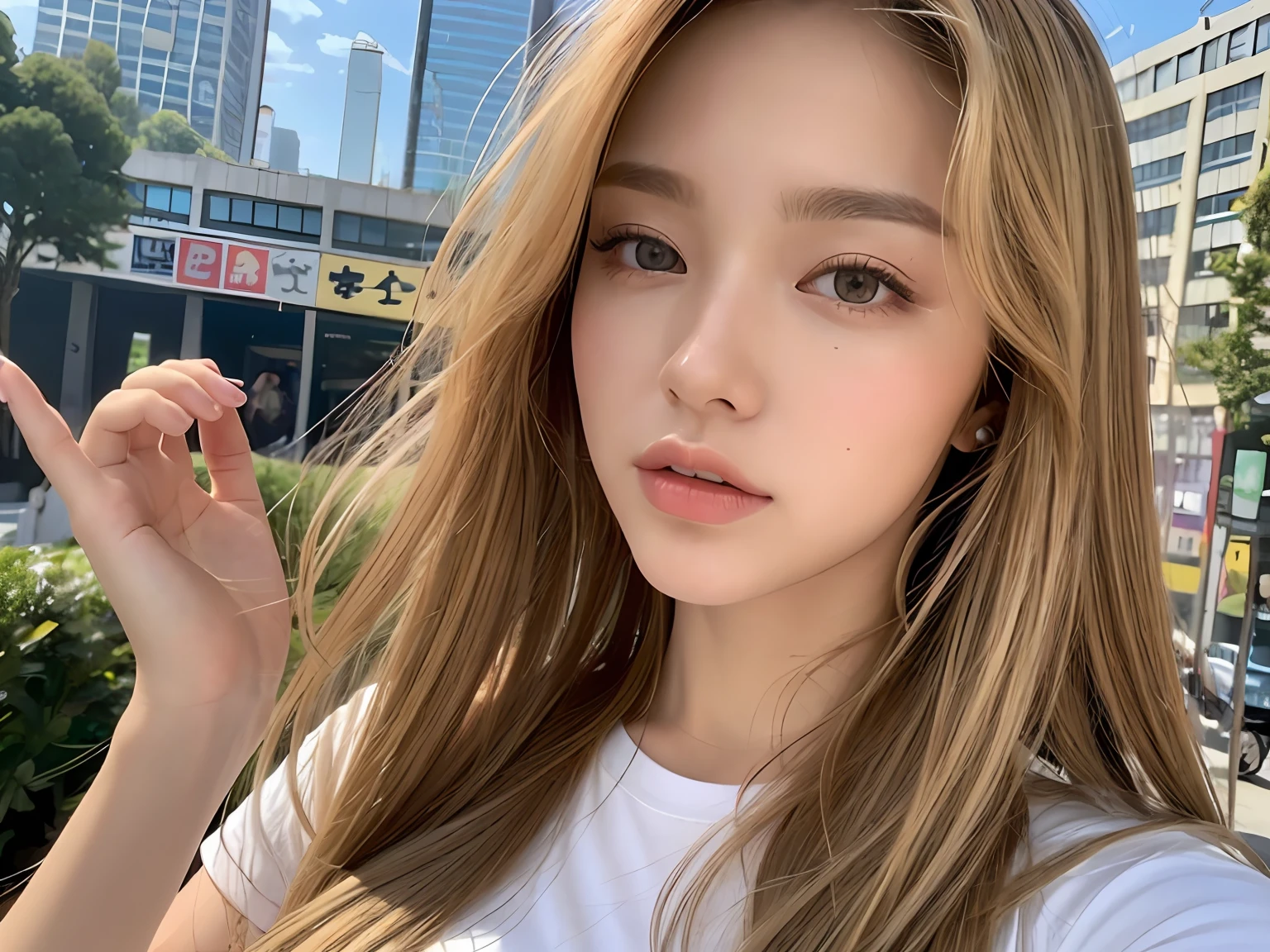 ((top quality, 8k, masterpiece: 1.3)), 1 girl, slender beauty: 1.3, (layer cut, chest: 1.2), white t-shirt: 1.1, ultra-detailed face, detailed eyes, double eyelids, urban outdoor, light brown hair, 5 fingers, big city, 5 fingers, bright hair, blonde, blonde, gal, ultra-detailed hands, 5 fingers, ultra-detailed fingers, beige manicure, ultra-detailed nails, big city, New York, city, background is big city day, skyscraper, Manhattan,
