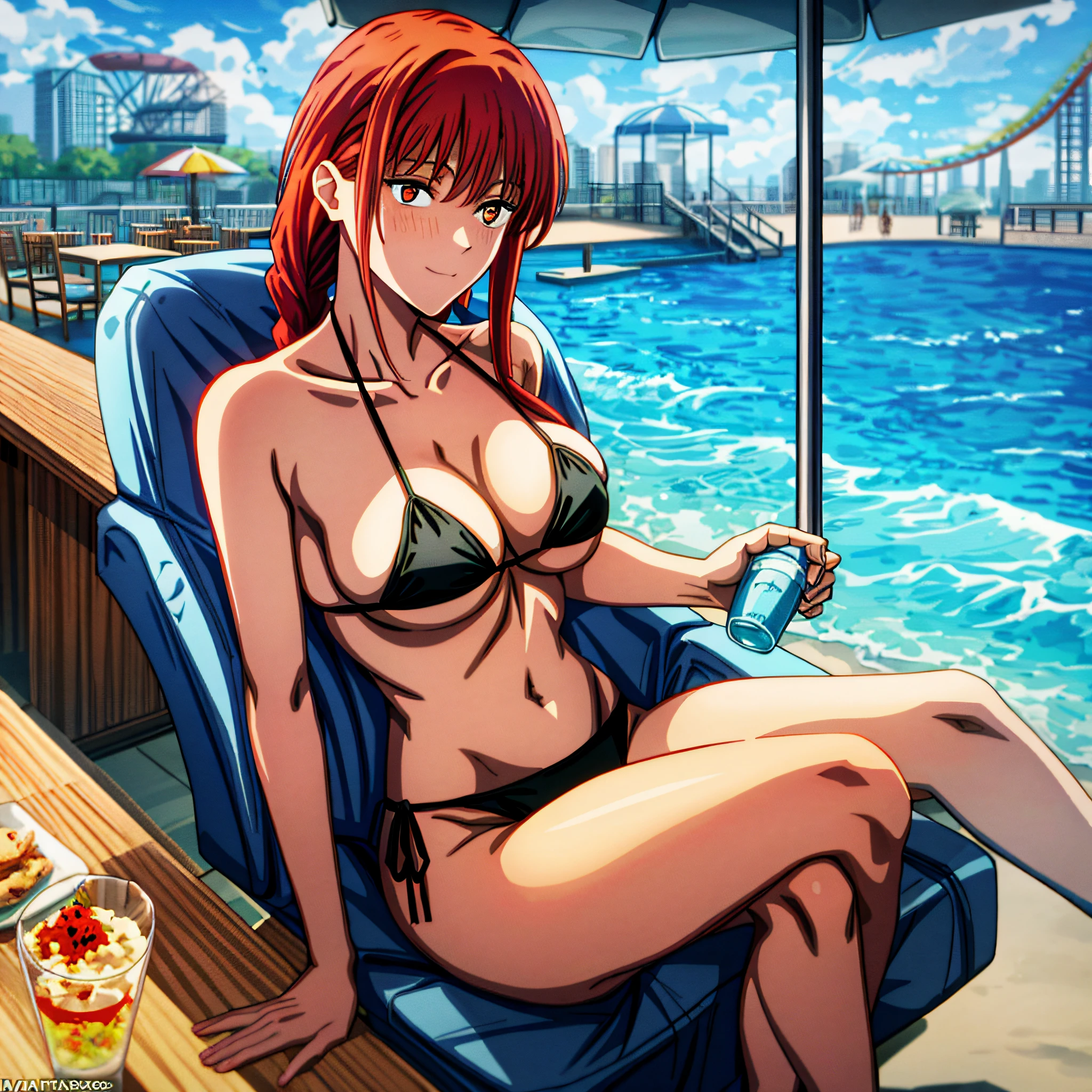 crowded:1.7,((masterpiece,best quality)),sitting,sitting in the restaurant, eating food, cottage,beach resort:1.5, crowded:1.7, table ,water park, amusement park, 1gir,makima \(chainsaw man\), best quality, ultra detailed, 1girl, , standing, red hair, long braided hair, golden eyes, bangs,, large boobs, stare, ,black bikini, makima \(chainsaw man\)
