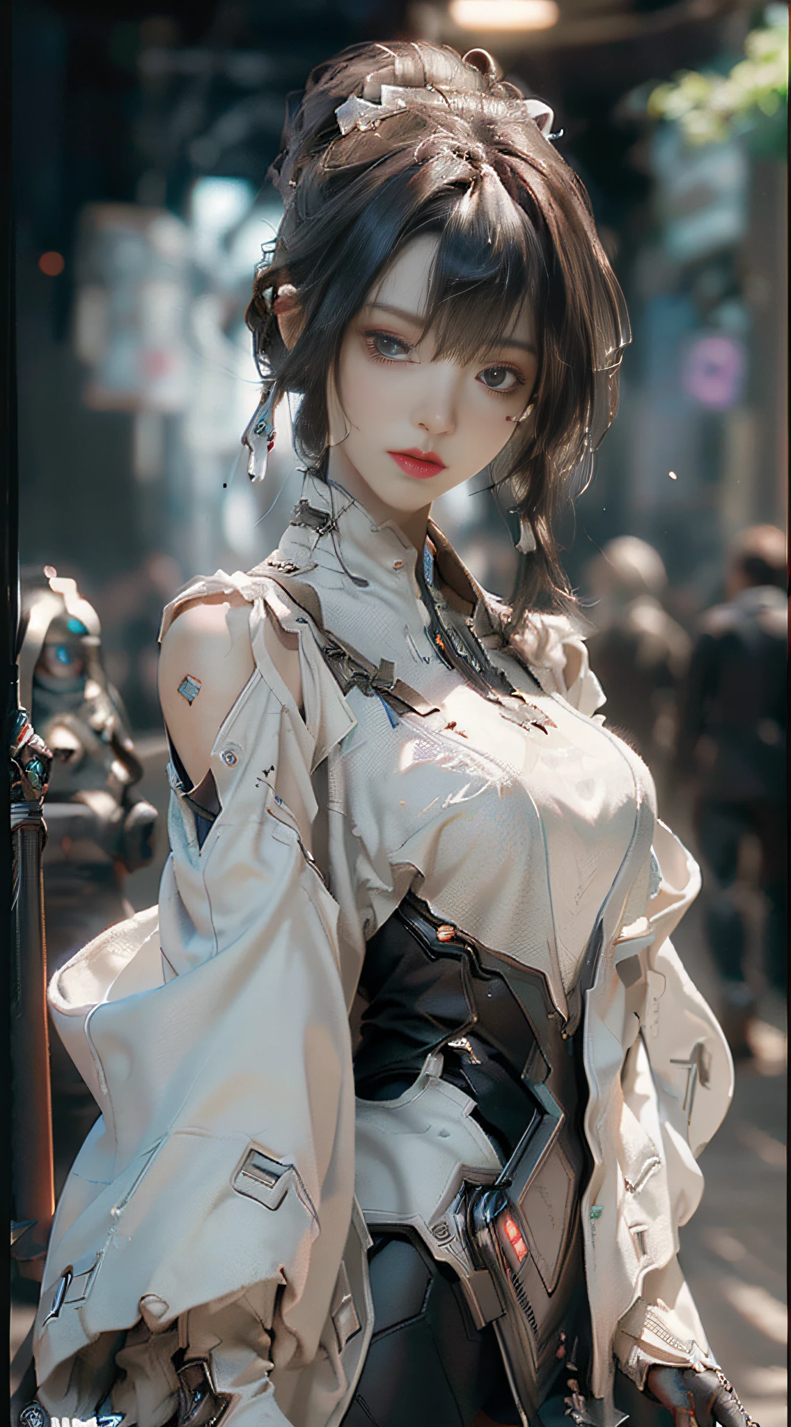 (Best Quality), ((Masterpiece), (Detail: 1.4), 3D, A Beautiful Cyberpunk Woman, HDR (High Dynamic Range), Ray Tracing, NVIDIA RTX, Super-Resolution, Unreal 5, Subsurface Scattering, PBR Textures, Post-Processing, Anisotropic Filtering, Depth of Field, Maximum Sharpness and Clarity, Multi-layer Textures, Albedo and Highlight Maps, Surface Shading, Accurate simulation of light-material interactions, perfect proportions, Octane Render, two-color light, large aperture, low ISO, white balance, rule of thirds, 8K RAW
