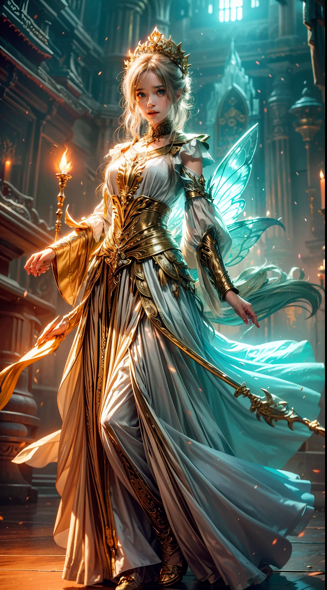 Best image quality, masterpiece level, ultra-high resolution, realism, fantasy theme, facial details, a girl, single, scattered, fairy theme, mischievous pose, white loose fringed long skirt, interior, candle, get detailed indoor lighting and movie lighting, increase detailed overall ambient light, face and eye details, improve the realism of body details, clearly express sharp focus, angry expression, fairy costumes, bright eyes, simple background.
