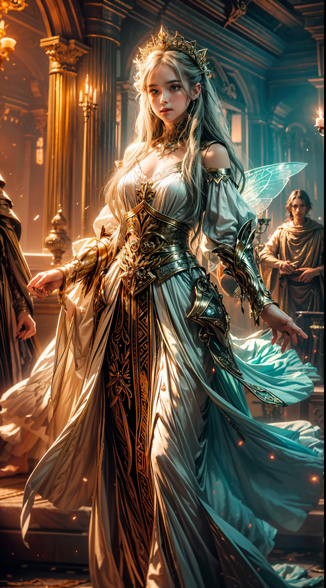 Best image quality, masterpiece level, ultra-high resolution, realism, fantasy theme, facial details, a girl, single, scattered, fairy theme, mischievous pose, white loose fringed long skirt, interior, candle, get detailed indoor lighting and movie lighting, increase detailed overall ambient light, face and eye details, improve the realism of body details, clearly express sharp focus, angry expression, fairy costumes, bright eyes, simple background.