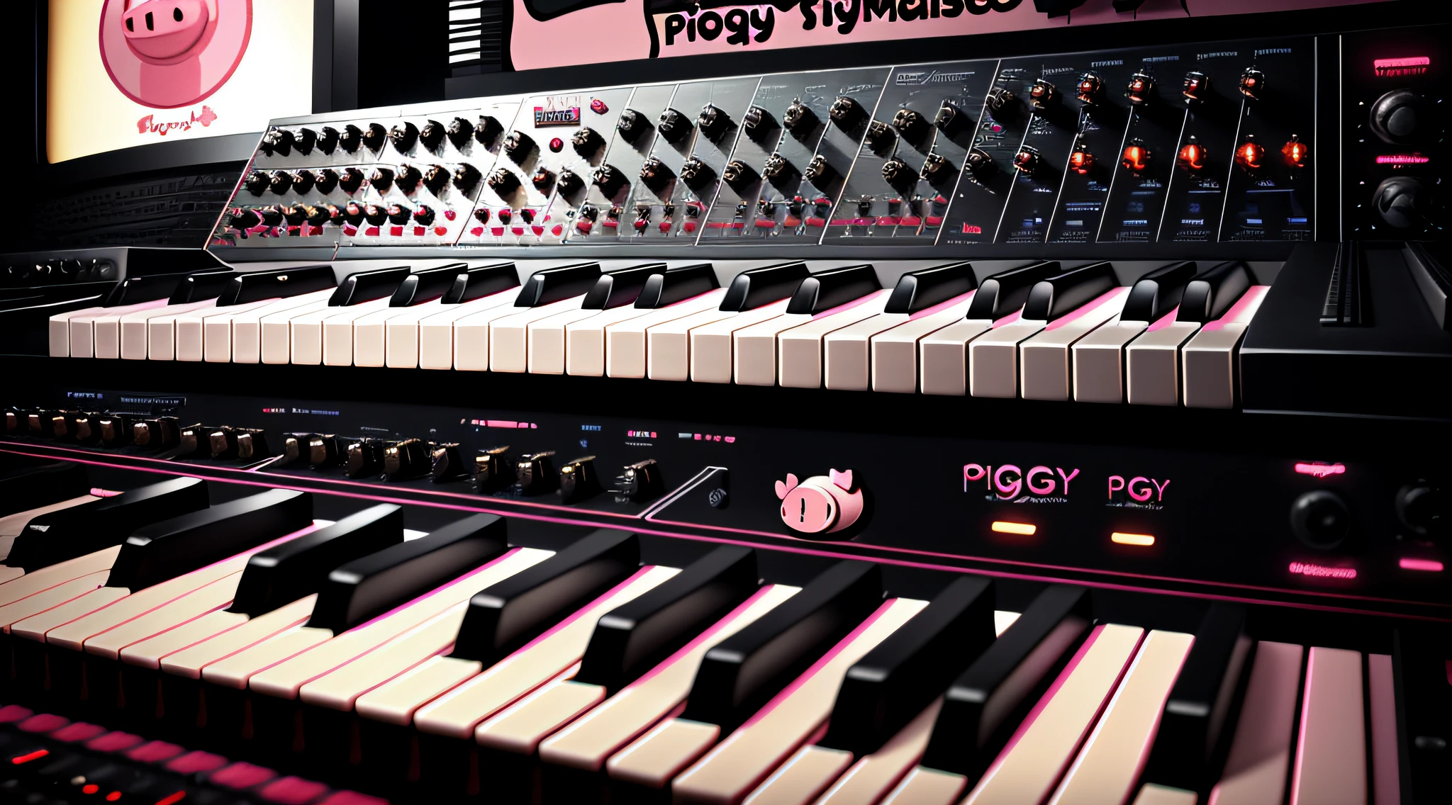 there is a close up of a keyboard and a music equipment, and a  (((((piggy logo))))), audio equipments, synthesizers, vintage electronics, synthesizer, rack, synth, ((cables)), wires, electronic music, retro effect, vintage saturation, synth vibe, radio equipment, instruments, devices and instruments, studio recording, synth feel, electronic, retro stylised, mellotron, retro - vintage, computer music, back light, volumetric light, depth of field, ambient occlusion, mist, early sunrise, masterpiece