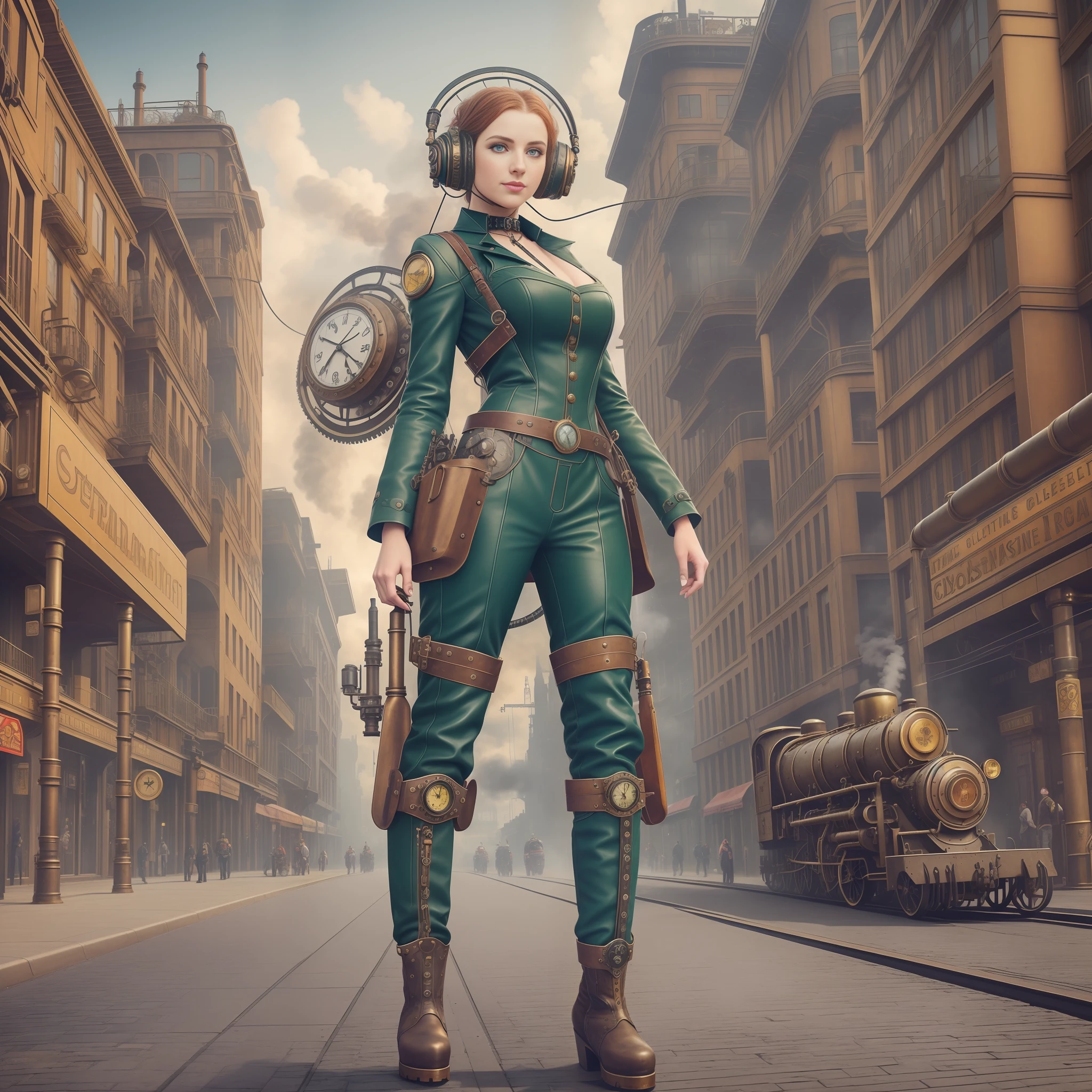 Street photography style image. A snapshot of a steampunk cityscape. Epic automobiles with steam engines on the street. Steam engine powered flying vehicles in the sky. A smiley beautiful 19-years-old caucasian girl in light gray steampunk jumpsuit walking down the street. Red long boots, intercom headset. steampunk choker, perfect detailed face, detailed symmetric green eyes with circular iris, wavy ginger hair, wearing enormous mechanical wings in her back, overall theme is street photography in Industrial Steampunk City, cogs and gears, steamy background with lots of steam pipes and steam valves and pressure gauges and gears, realistic, stunning realistic photograph, 3d render, octane render, cinematic, Isometric, Centered, hyperealistic cover photo, awesome full color, 12k, high definition, cinematic, portrait featured on unsplash, smooth, ultra high definition, 8k, ultra sharp focus, intricate artwork, masterpiece, ominous, epic, highly detailed, warm cinematic