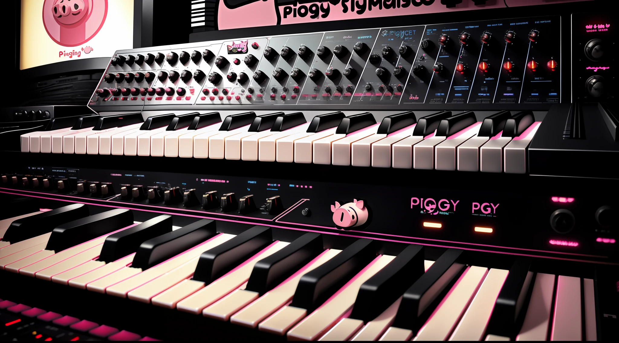 there is a close up of a keyboard and a music equipment, and a (((((piggy logo))))), audio equipments, synthesizers, vintage electronics, synthesizer, rack, synth, ((cables)), wires, electronic music, retro effect, vintage saturation, synth vibe, radio equipment, instruments, devices and instruments, studio recording, synth feel, electronic, retro stylised, mellotron, retro - vintage, computer music, back light, volumetric light, depth of field, ambient occlusion, mist, early sunrise, masterpiece