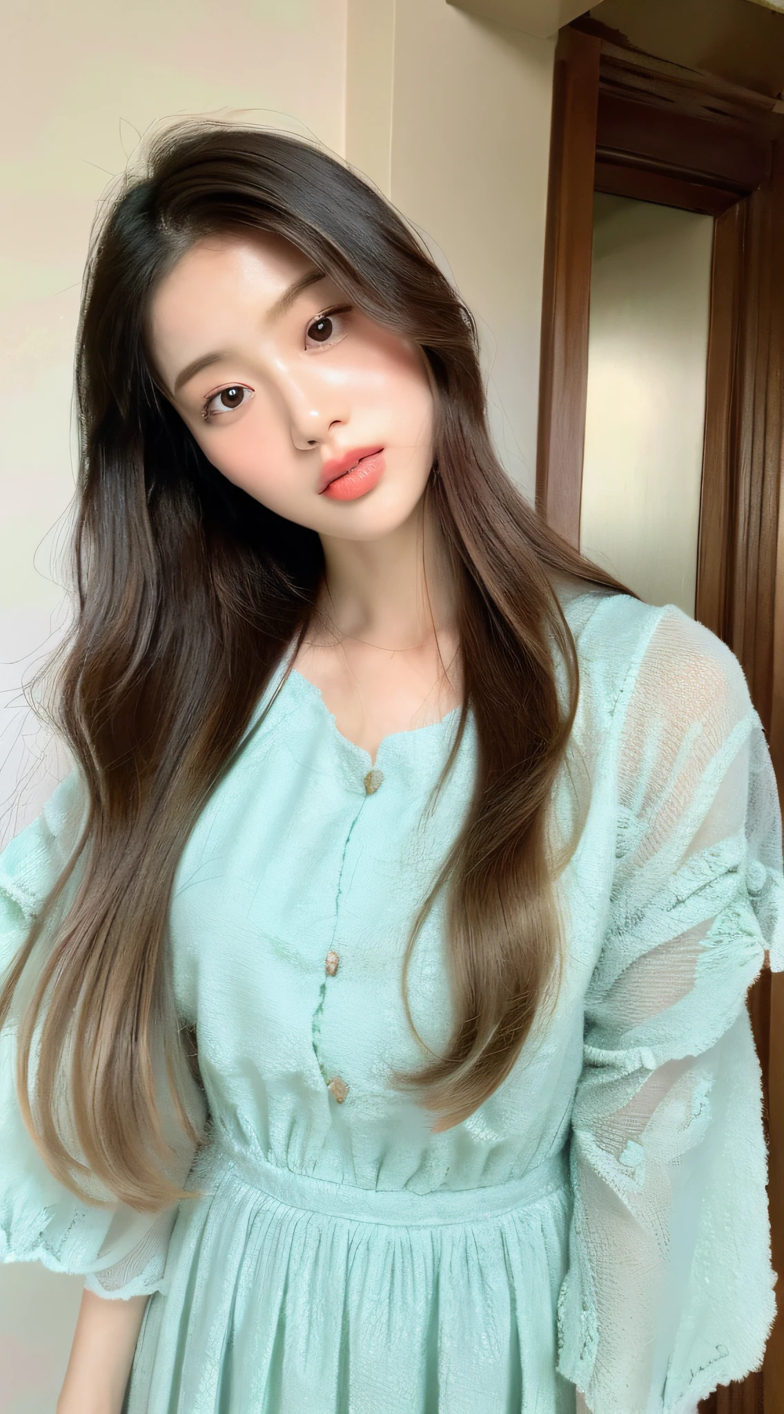 Korean women, goddess, long hair, delicate skin texture and cloth texture, delicate eyes, long eyelashes, double eyelids, upper body, hotel, 8k, highest quality, masterpiece, super high resolution_1.2: Beautiful female photo with the theme of Paul Rubens and Rebecca Gie style, Arakfi in dress, zettai ryouiki, feminine in cute pastel tones, feminine in pastel tones, wearing smooth dresses, pastel tones, pastel colors, Light color clothing, pastel tones, pastel clothing, Korean female fashion model, pastel style, multi-layer clothing, wearing elegant clothing, soft and cute colors