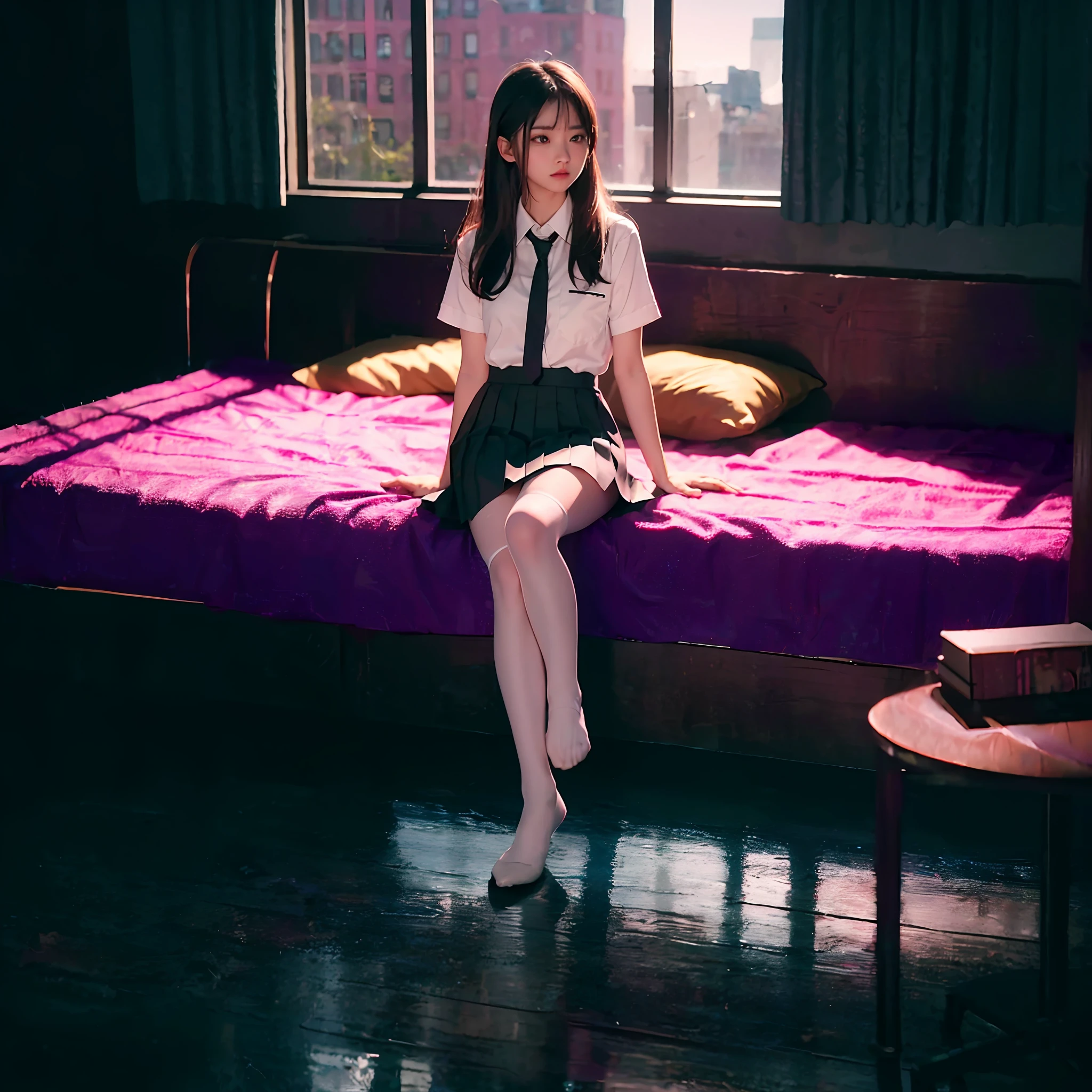 best quality, masterpiece, ultra high res, photorealistic, long shot,1girl,shirt,pleated skirt, school uniform, sitting, full body, (ambient light:1.3),(cinematic composition:1.3),(neon lights:0.1),(HDR:0.1),Accent Lighting, white pantyhose,