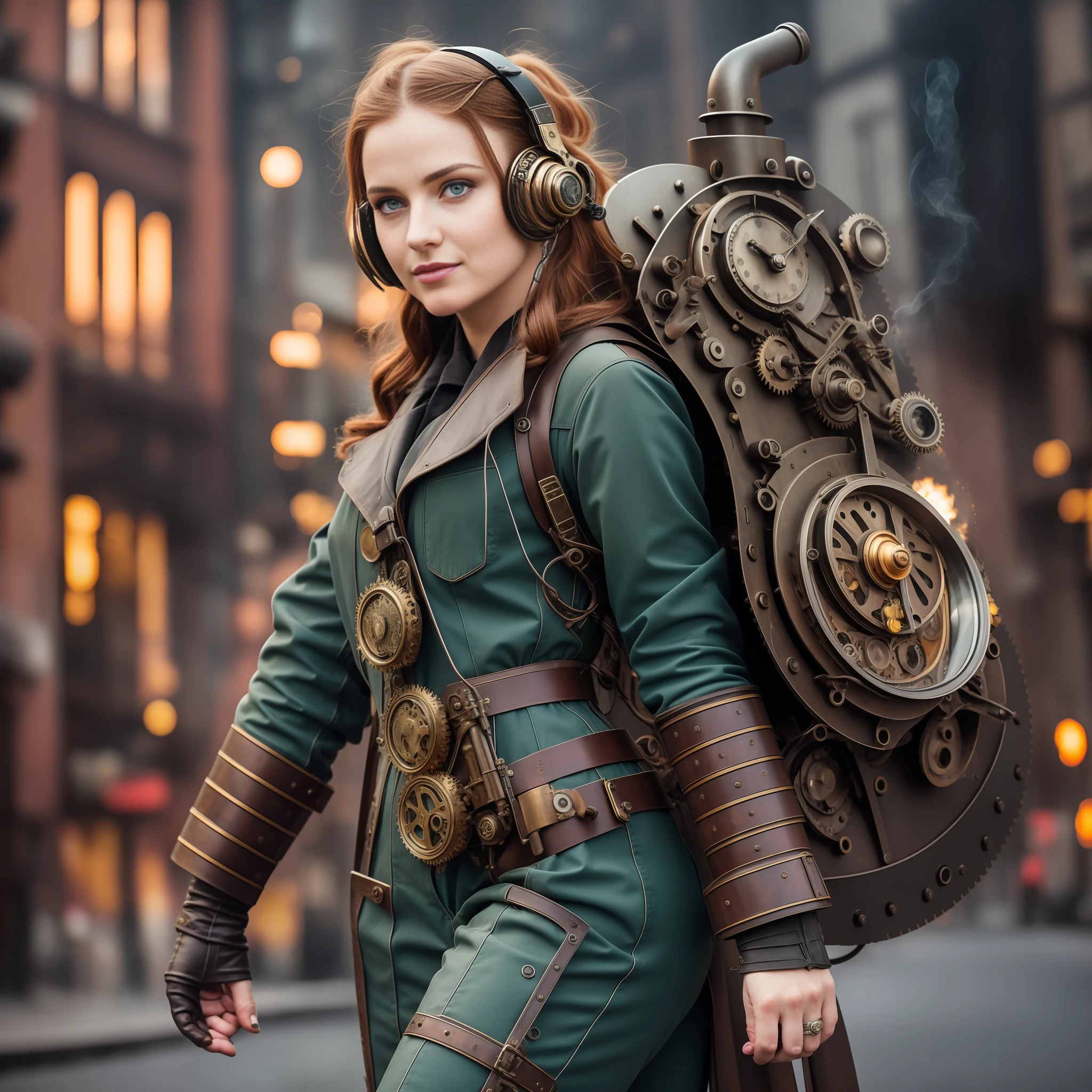Street photography style image. A snapshot of a steampunk cityscape. Epic automobiles with steam engines on the street. Steam engine powered flying vehicles in the sky. A smiley beautiful 19-years-old caucasian girl in light gray steampunk jumpsuit walking down the street. Red long boots, intercom headset. steampunk choker, perfect detailed face, detailed symmetric green eyes with circular iris, wavy ginger hair, wearing enormous mechanical wings in her back, overall theme is street photography in Industrial Steampunk City, cogs and gears, steamy background with lots of steam pipes and steam valves and pressure gauges and gears, realistic, stunning realistic photograph, 3d render, octane render, cinematic, Isometric, Centered, hyperealistic cover photo, awesome full color, 12k, high definition, cinematic, portrait featured on unsplash, smooth, ultra high definition, 8k, ultra sharp focus, intricate artwork, masterpiece, ominous, epic, highly detailed, warm cinematic