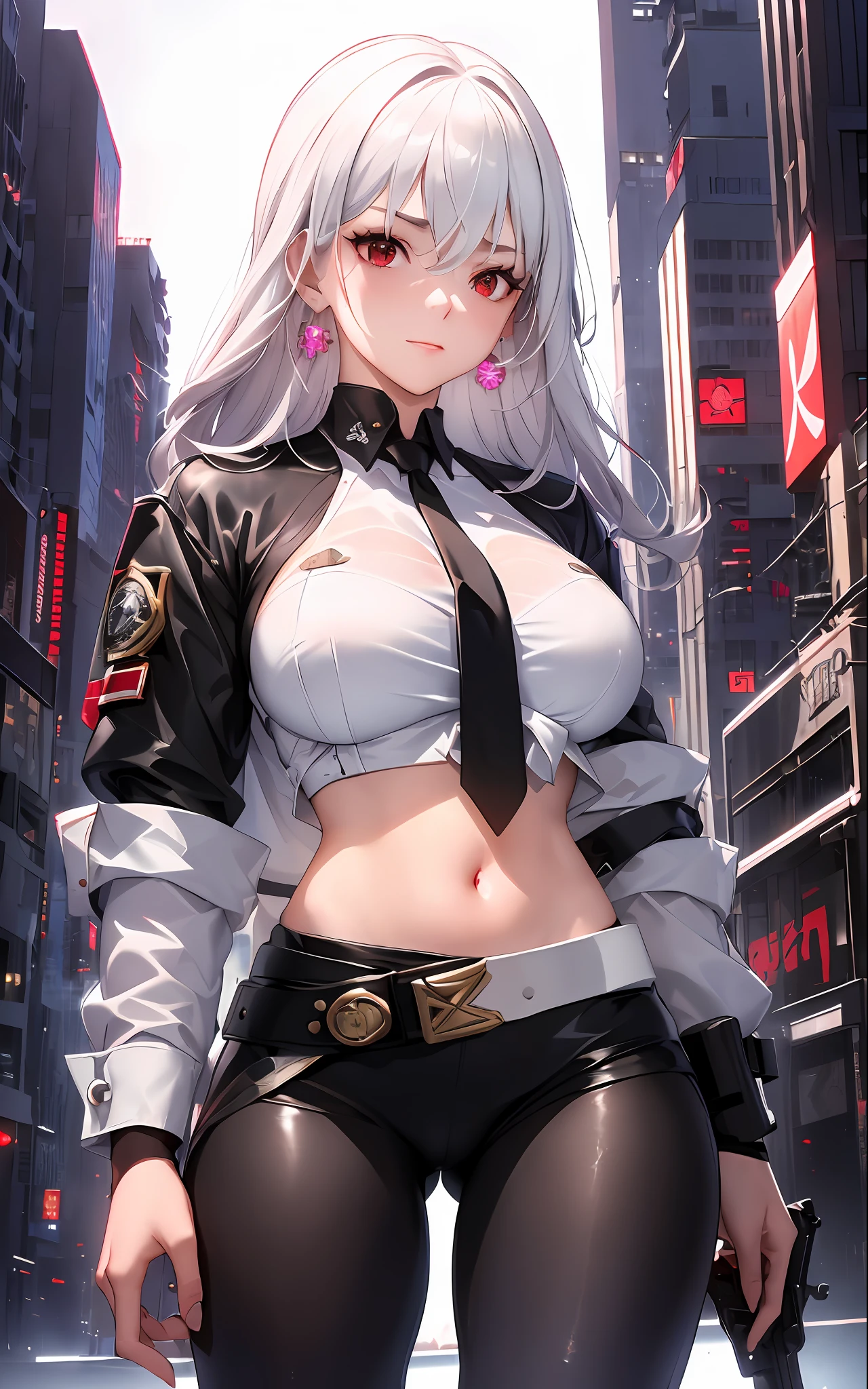 1girl, close up shot, (white hair, medium hair, large breasts, red eyes), perfect anatomy, city, cyberpunk style, ((white shirt, black jacket, black skirt, navel, belt, black gloves, neck tie, wrist watch, earrings, see through black leggings)), ((holding gun)), war, ruined city, battle field, rubble, buildings,cigarette