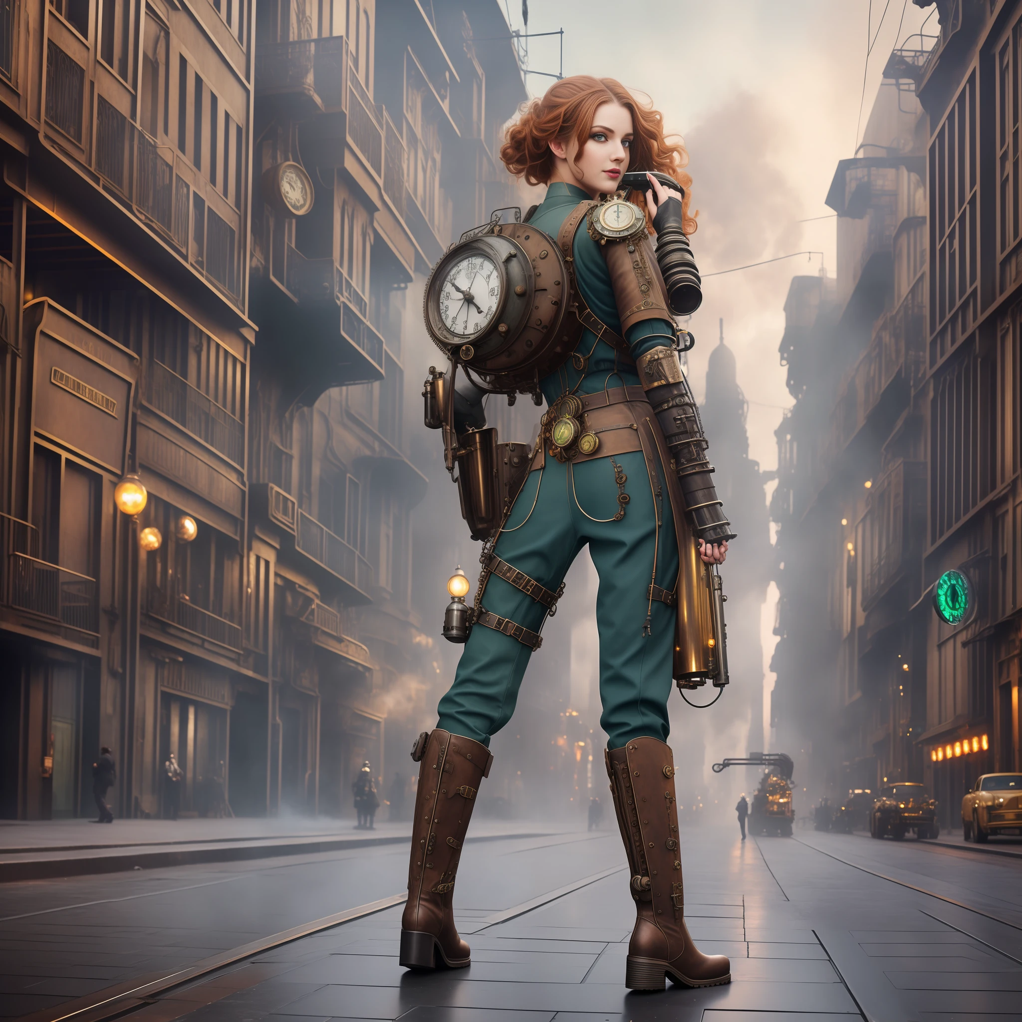 Street photography style image. A snapshot of a steampunk cityscape. Epic automobiles with steam engines on the street. Steam engine powered flying vehicles in the sky. A smiley beautiful 19-years-old caucasian girl in light gray steampunk jumpsuit walking down the street. Red long boots, intercom headset. steampunk choker, perfect detailed face, detailed symmetric green eyes with circular iris, wavy ginger hair, wearing enormous mechanical wings in her back, overall theme is street photography in Industrial Steampunk City, cogs and gears, steamy background with lots of steam pipes and steam valves and pressure gauges and gears, realistic, stunning realistic photograph, 3d render, octane render, cinematic, Isometric, Centered, hyperealistic cover photo, awesome full color, 12k, high definition, cinematic, portrait featured on unsplash, smooth, ultra high definition, 8k, ultra sharp focus, intricate artwork, masterpiece, ominous, epic, highly detailed, warm cinematic