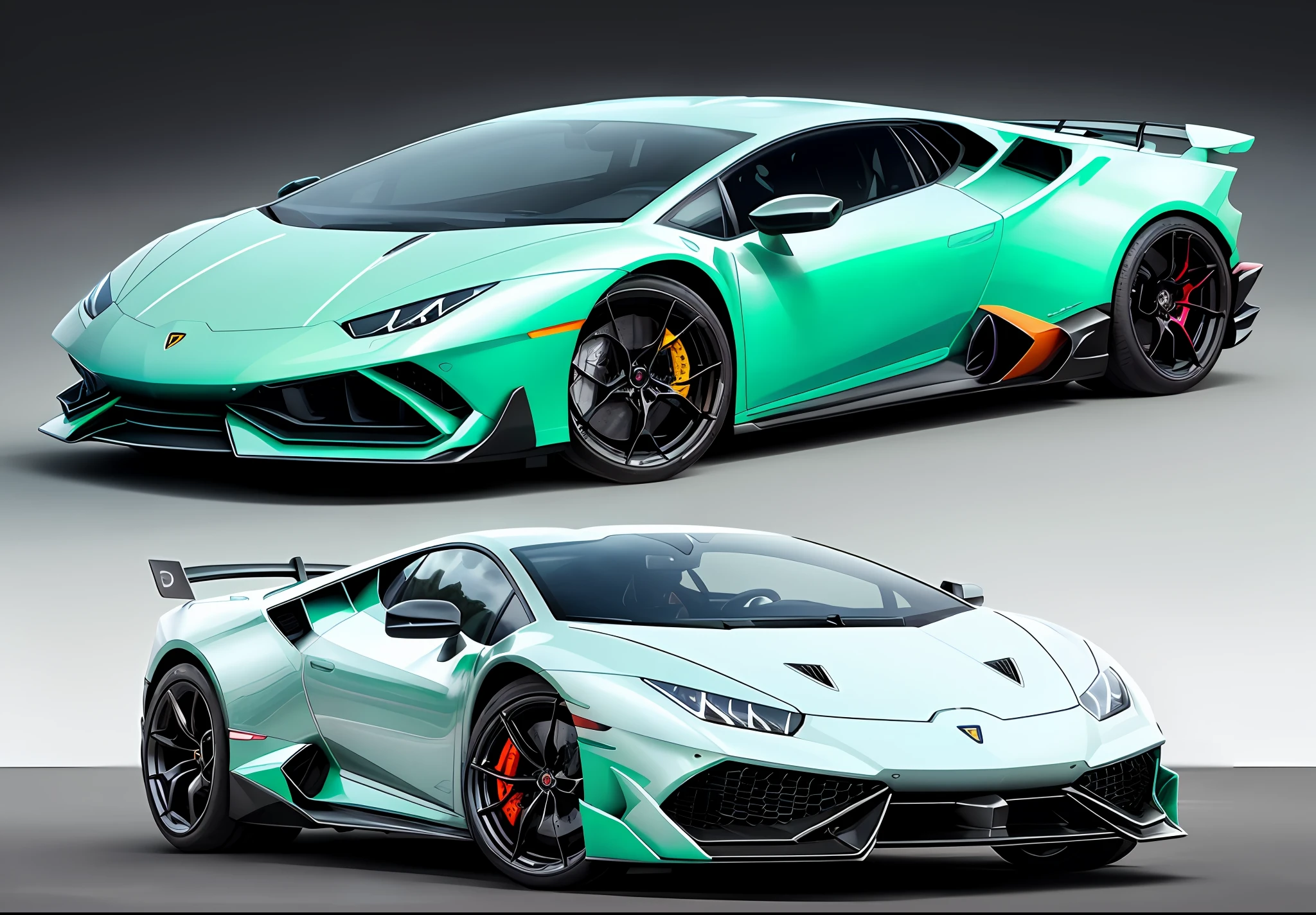 The sports car of the future. SUPER COOL DESIGN . LAMBORGHINI HURACAN STERRATO. Design from diagonally front. INNOVATIVE DESIGN . One full-shot body. Only one car. Not two cars. Without emblem. The left and right headlights have the same shape. No overlapping bodies