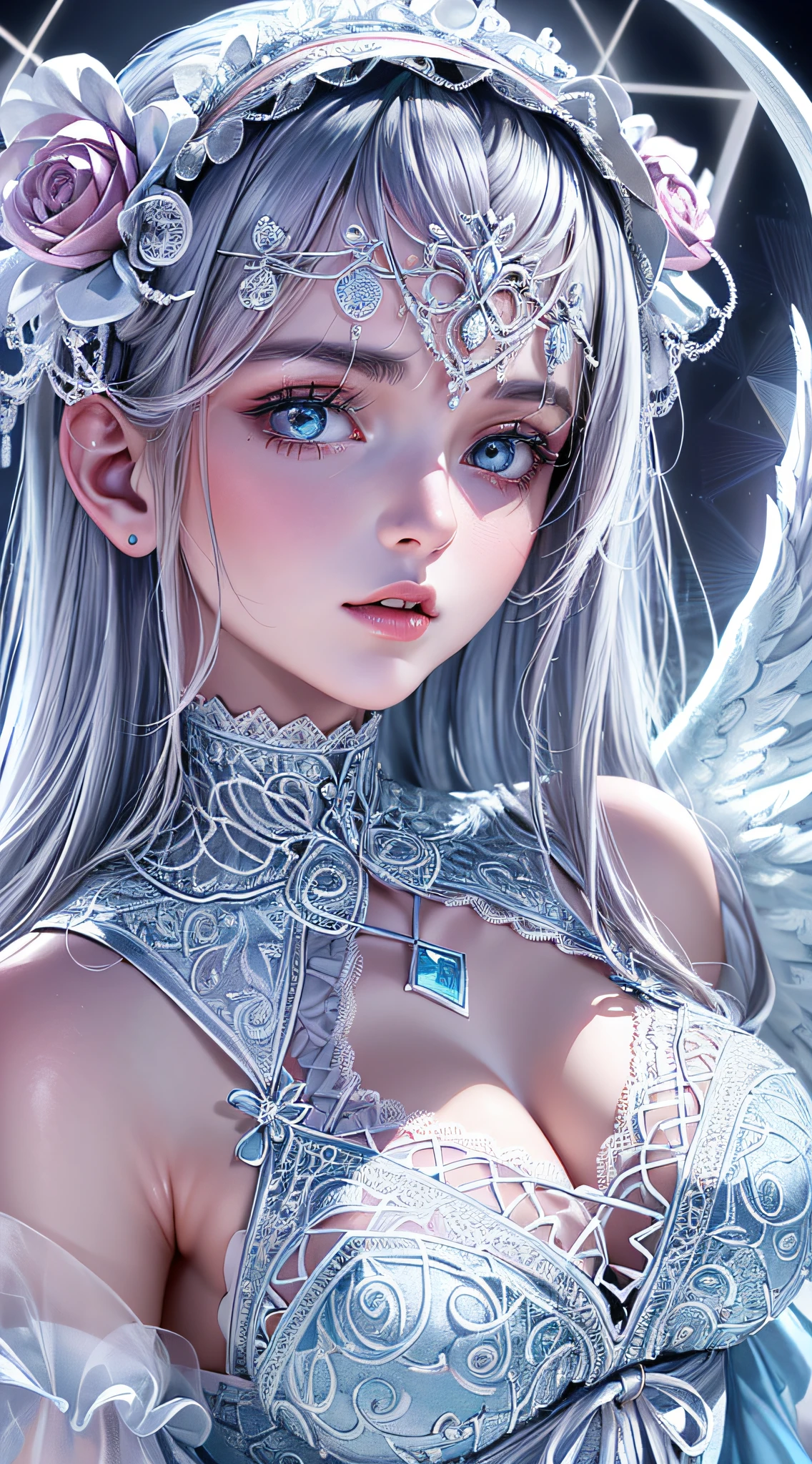 (1girl with white angel wings, slender, silver ornaments, silver hair:1.2), masterpiece, best quality, absurdres, wide angle, bloom, glow, (light pink and very light blue lace frills dress, geometric arabesque patterns, abstract zentangle background:1.4), dynamic lighting, dramatic lighting, photorealistic, highres, detailed face and eyes, sharp pupils, realistic pupils, sharp focus, (highest detailed, extreme detailed, ultra detailed, finely detail:1.5), --s2