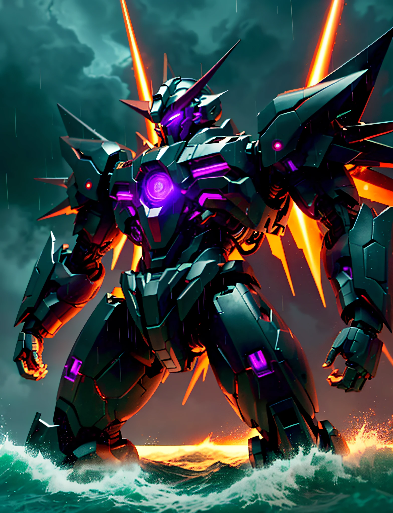((Masterpiece)), ((Best Quality))), ((Ultra Detailed)), ((Illustration)), Mecha, Sunrise, Sunlight, Ocean, Thunderbolt, Lightning, ((Night)), ((Darkness)), Dynamic Angle, Red Shell, Purple Cuirass, Dark Green, Glow Energy Block, Purple Eyes, ((Solo)), Mecha, Half-kneeling State, Combat State, Firing Energy Cannon, Weapon, V-Fin, (from the side), Mechanical head, Cannon, Glow, Spike, Realistic, Edge Light, (Moody Lighting: 1.2), ((Volume illumination: 1.2)), Darkness, ((Strong illumination: 1.4)), glowing eyes, ((Standing at sea: 1.2)), ((Rain)), Mecha surface with certain wear, aqua,