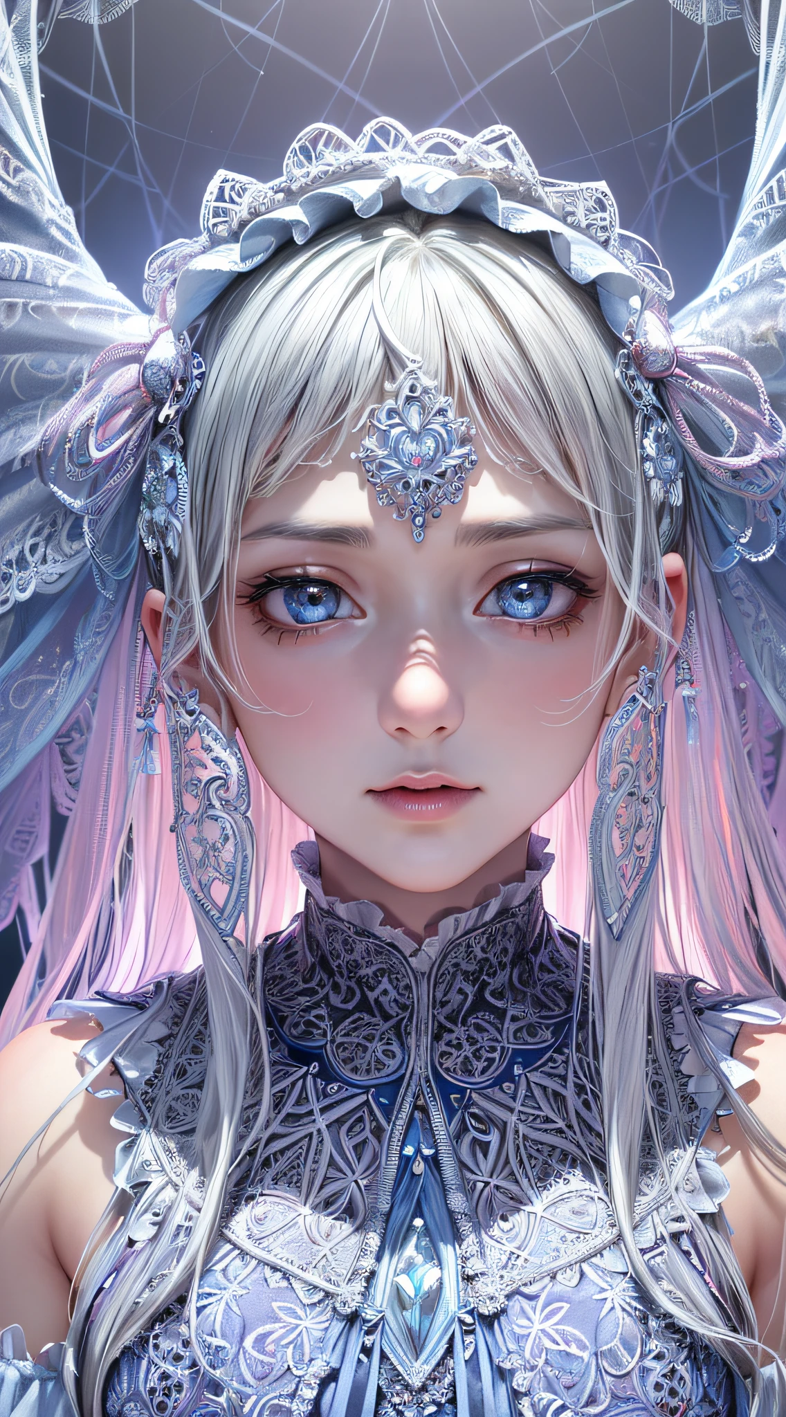 (1girl with white angel wings, slender, silver ornaments, silver hair:1.2), masterpiece, best quality, absurdres, wide angle, bloom, glow, (light pink and very light blue lace frills dress, geometric arabesque patterns, abstract zentangle background:1.4), dynamic lighting, dramatic lighting, photorealistic, highres, detailed face and eyes, sharp pupils, realistic pupils, sharp focus, (highest detailed, extreme detailed, ultra detailed, finely detail:1.5), --s2