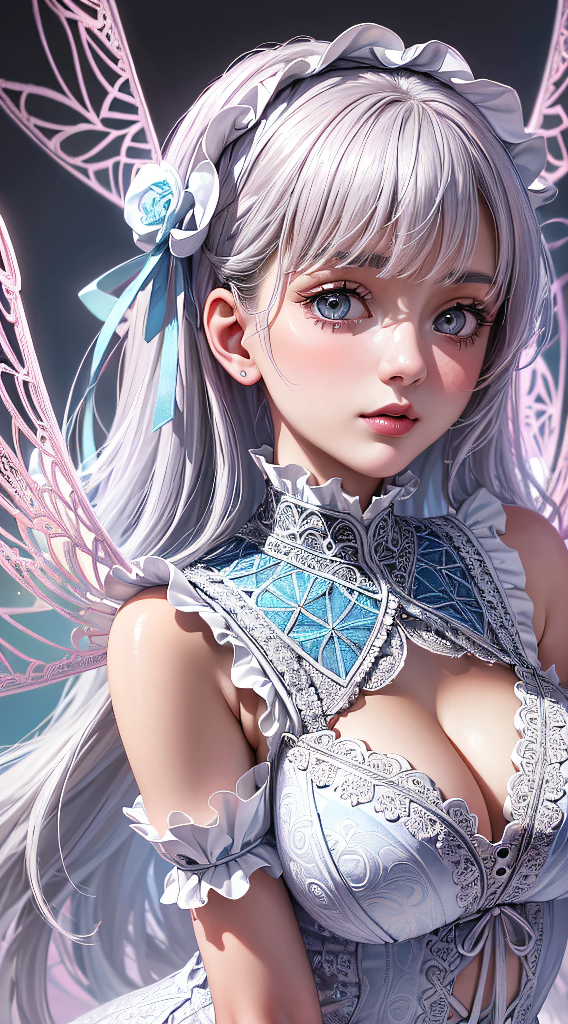 (1girl with white angel wings, slender, silver ornaments, silver hair:1.2), masterpiece, best quality, absurdres, wide angle, bloom, glow, (light pink and very light blue lace frills dress, geometric arabesque patterns, abstract zentangle background:1.4), dynamic lighting, dramatic lighting, photorealistic, highres, detailed face and eyes, sharp pupils, realistic pupils, sharp focus, (highest detailed, extreme detailed, ultra detailed, finely detail:1.5), --s2