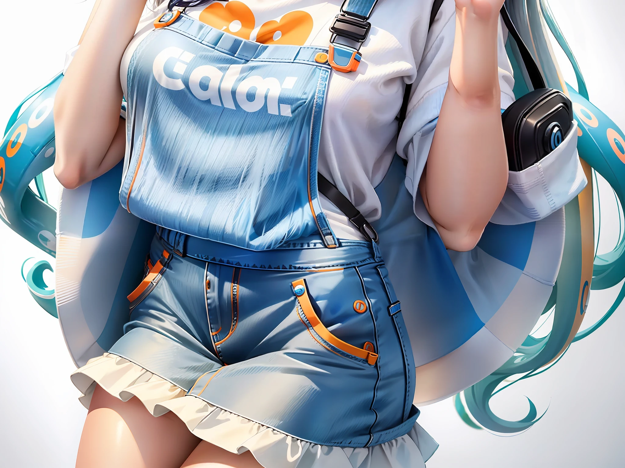 A stunning masterpiece of ultra-detailed artwork, featuring a cute girl from the game Splatoon. The overall picture and the style of the characters are similar to the game Splatoon's CG drawing style. The artwork showcases a full body portrait with a white or simple background. The girl's face is beautifully detailed, with a beautiful detailed face and ultra-detailed captivating eyes that draw you in. The girl is set against a simple white background, which highlights her unique features even more. Her gray blue hair is styled in a fun and playful way, while her orange sweater which slightly oversized adds a pop of color to the image. She is wearing a light blue short skirt that complements her overall look perfectly. Her light blue short skirt adds a touch of playfulness to the overall image. The ratio of her head to her body is about 1:3 or 1:4.