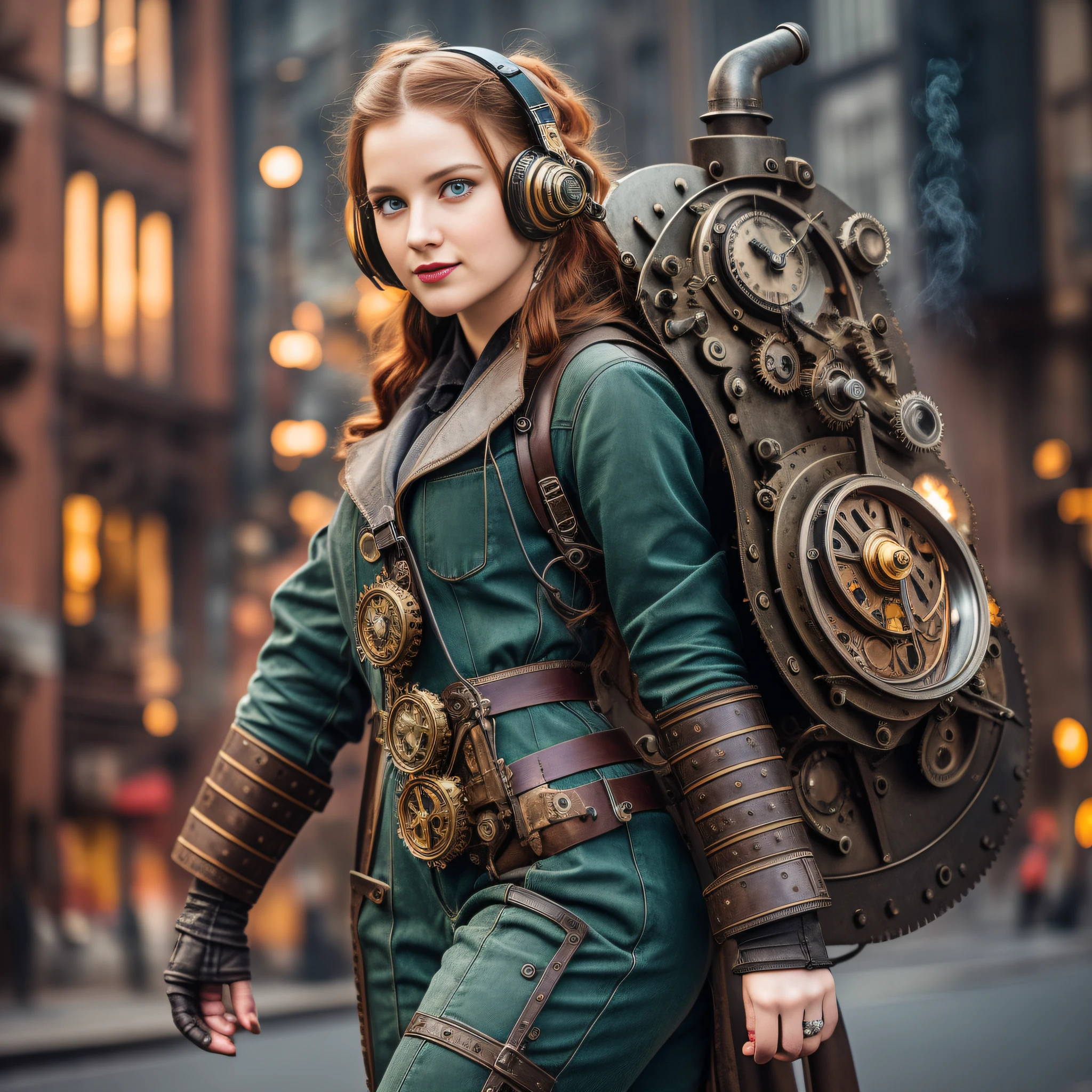 Street photography style image. A snapshot of a steampunk cityscape. Epic automobiles with steam engines on the street. Steam engine powered flying vehicles in the sky. A smiley beautiful 19-years-old caucasian girl in light gray steampunk jumpsuit walking down the street. Red long boots, intercom headset. steampunk choker, perfect detailed face, detailed symmetric green eyes with circular iris, wavy ginger hair, wearing enormous mechanical wings in her back, overall theme is street photography in Industrial Steampunk City, cogs and gears, steamy background with lots of steam pipes and steam valves and pressure gauges and gears, realistic, stunning realistic photograph, 3d render, octane render, cinematic, Isometric, Centered, hyperealistic cover photo, awesome full color, 12k, high definition, cinematic, portrait featured on unsplash, smooth, ultra high definition, 8k, ultra sharp focus, intricate artwork, masterpiece, ominous, epic, highly detailed, warm cinematic