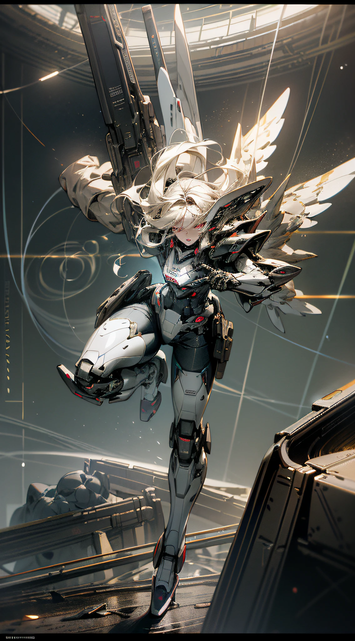 ((Best quality)), ((masterpiece)), (highly detailed:1.3), 3D, Pretty, (cyberpunk:1.2), In Space, Nebula, holding_weapon, (1Female mecha:1.3), facing the audience, golden eyes, long white-blond hair, long silky hair, full body, (flying, diving down, dynamic, Motion Blur: 1.4), (Giant Mech Wings: 1.6), Look Up, glowing_eyes, Mecha, Panorama, Earth, Blue Planet, Ring Circle, Nebula, Starlight, Space, Particle, Reality, HDR (High Dynamic Range), Ray Tracing, NVIDIA RTX, Super Resolution, Unreal 5, Subsurface Scattering, PBR Texture, Post Processing, Anisotropic Filtering, Depth of Field, Maximum Sharpness and Sharpness, Multi-layer Texture, Albedo and Specular Mapping, Surface shading, Accurately Simulating Light-Material Interactions, Perfect Proportions, Octane Render, Duotone Lighting, Large Aperture, Low ISO, White Balance, Rule of Thirds, 8K RAW, High Efficiency Sub-Pixel, Subpixel Convolution,