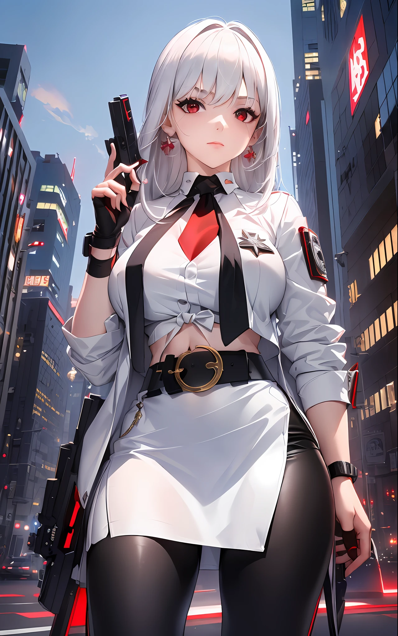 1girl, close up shot, (white hair, medium hair, large breasts, red eyes), perfect anatomy, city, cyberpunk style, ((white shirt, black jacket, black skirt, navel, belt, black gloves, neck tie, wrist watch, earrings, see through black leggings)), ((holding gun)), war, ruined city, battle field, rubble, buildings,cigarette
