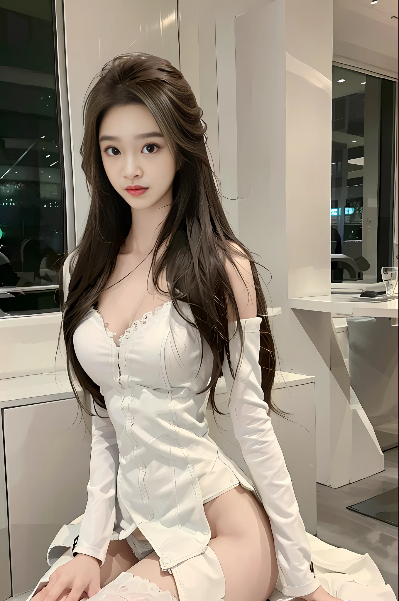 A beautiful Korean girl, 22 years old, long hair, big eyes, double eyelids, oversized breasts, off-the-shoulder, hip skirt, big hips, long legs, white stockings, high heels