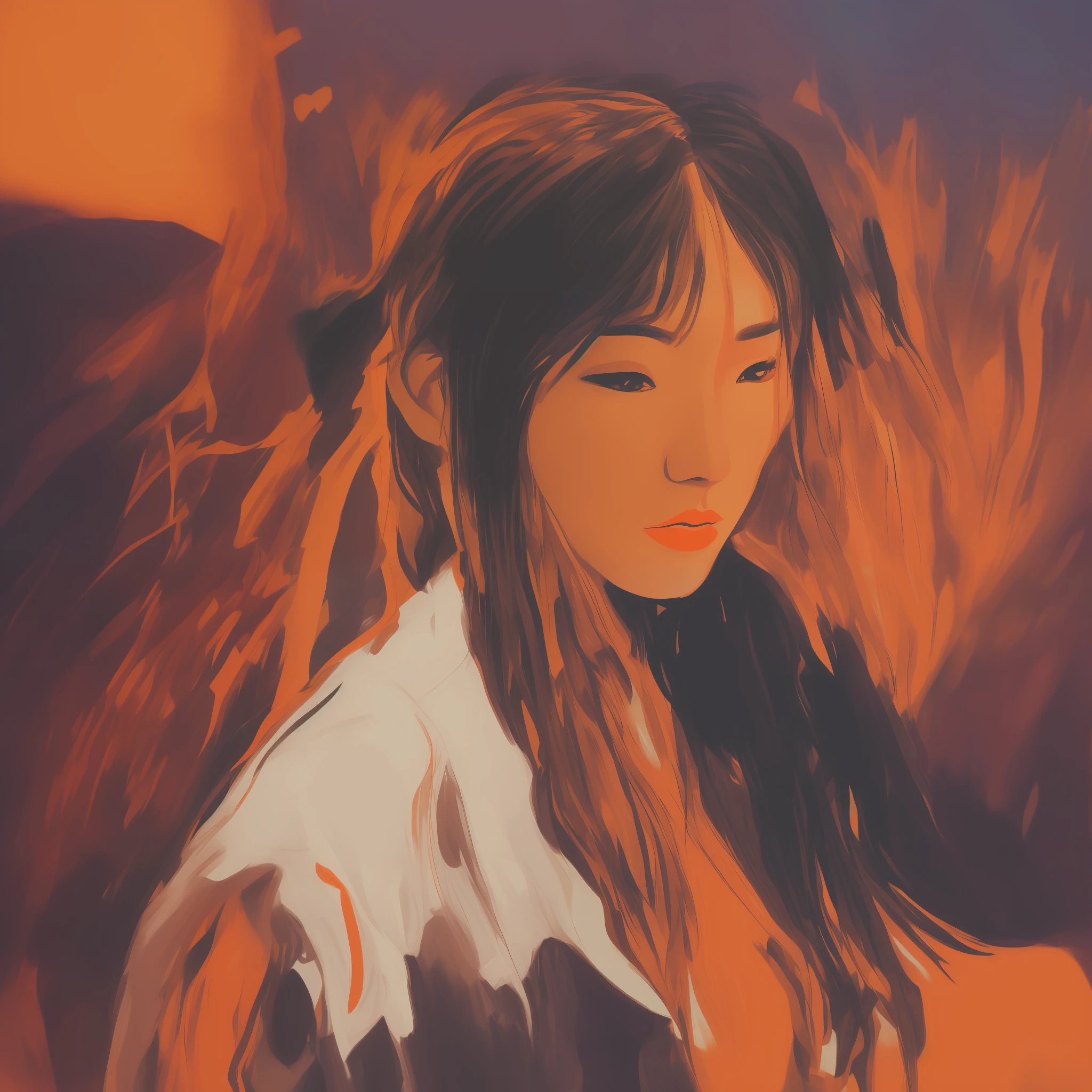 album cover art, called "debut", 1999 style, greek-nosed asian woman, black hair, low lace long hair, hair clip, orange hair band, amber eyes, lying down, Color Field painting, luminism, film grain, backlighting, super detail, high quality, anatomically correct