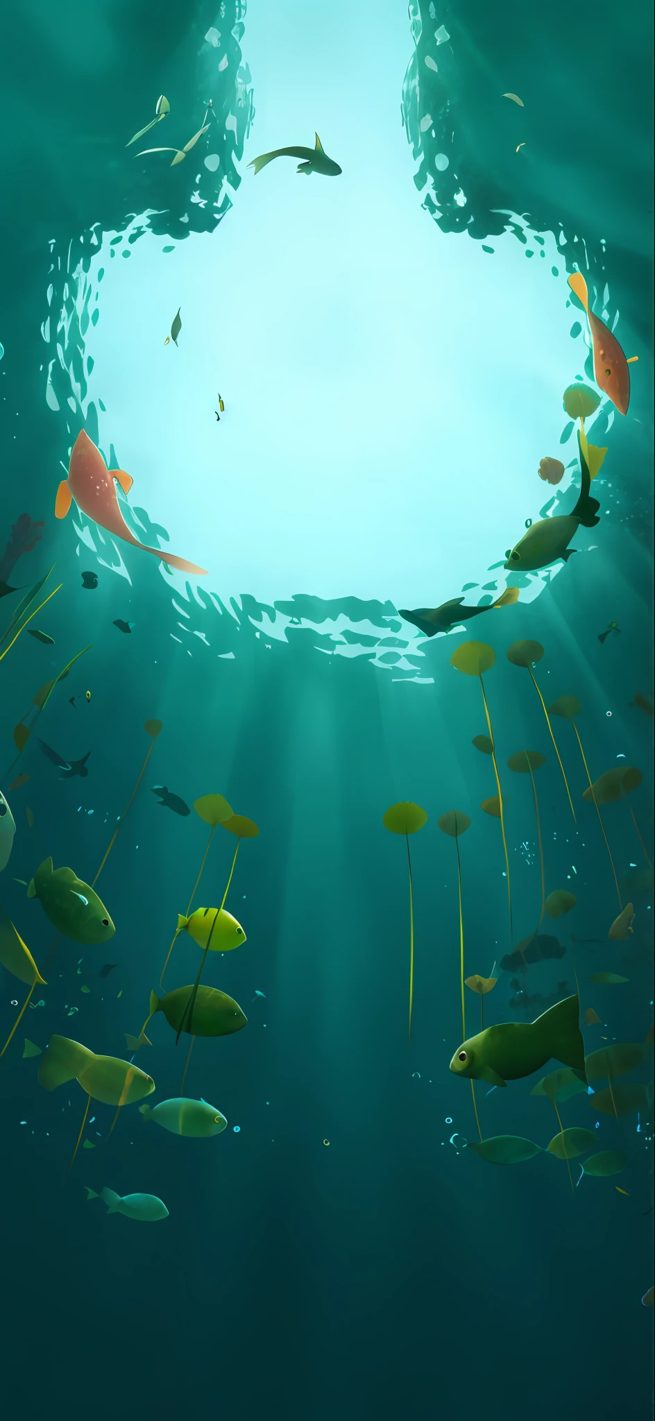 there are many fish swimming in the water near the sun, underwater looking up, floating kelp, undersea, underwater scene, underwater plants, underwater landscape, bubbly underwater scenery, masterpieceunderwater scene, underwater frog perspective, under water, underwater environment, floathing underwater in a lake, studio ghibli and pixar and abzu, undersea environment, background art, background artwork