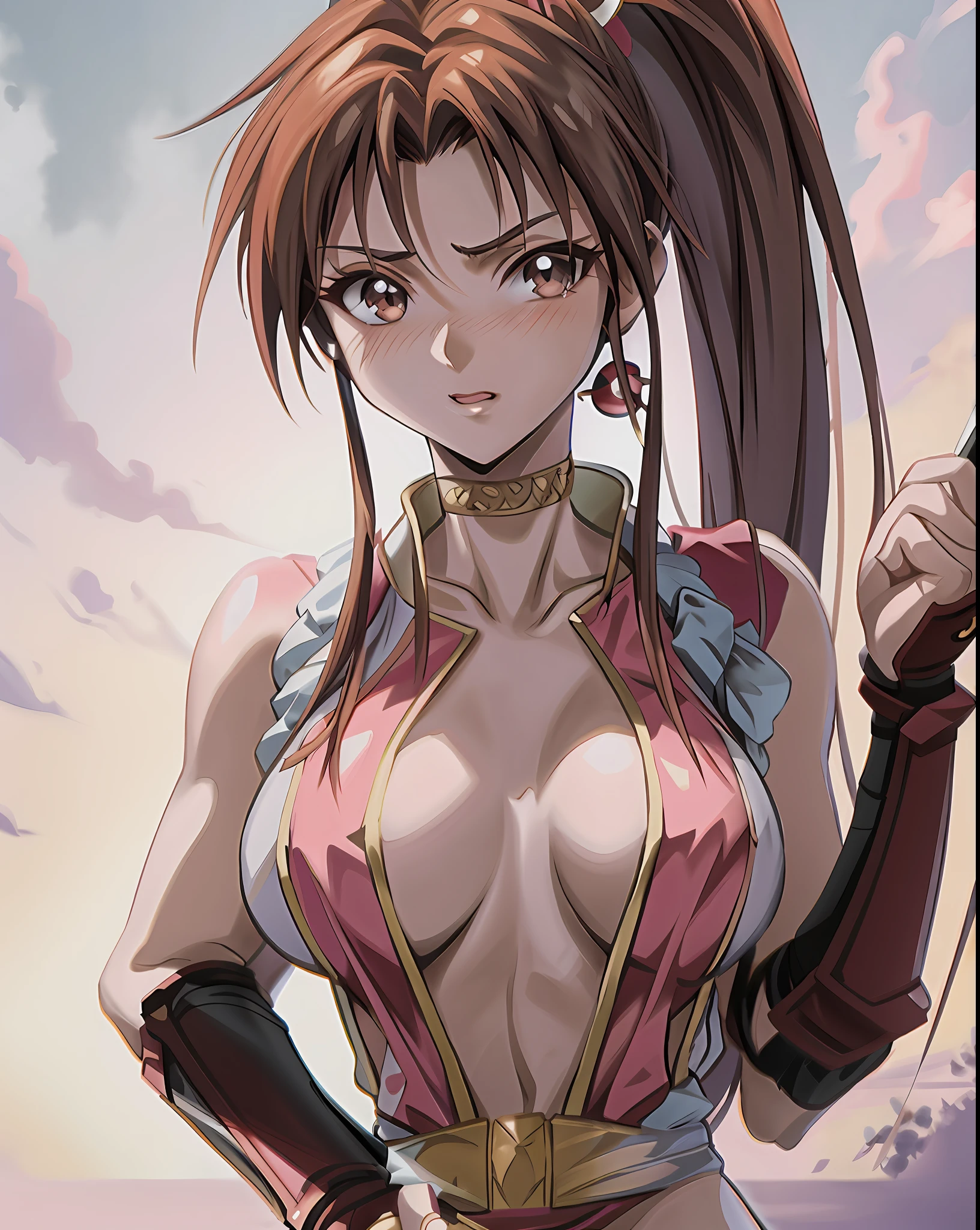 anime girl with long hair and a ponytail holding a sword, seductive anime girl, anime goddess, female anime character, beautiful alluring anime woman, biomechanical oppai, portrait knights of zodiac girl, 2. 5 d cgi anime fantasy artwork, portrait of a female anime hero, portrait ninja gaiden girl, mai shiranui, anime woman, detailed anime character art