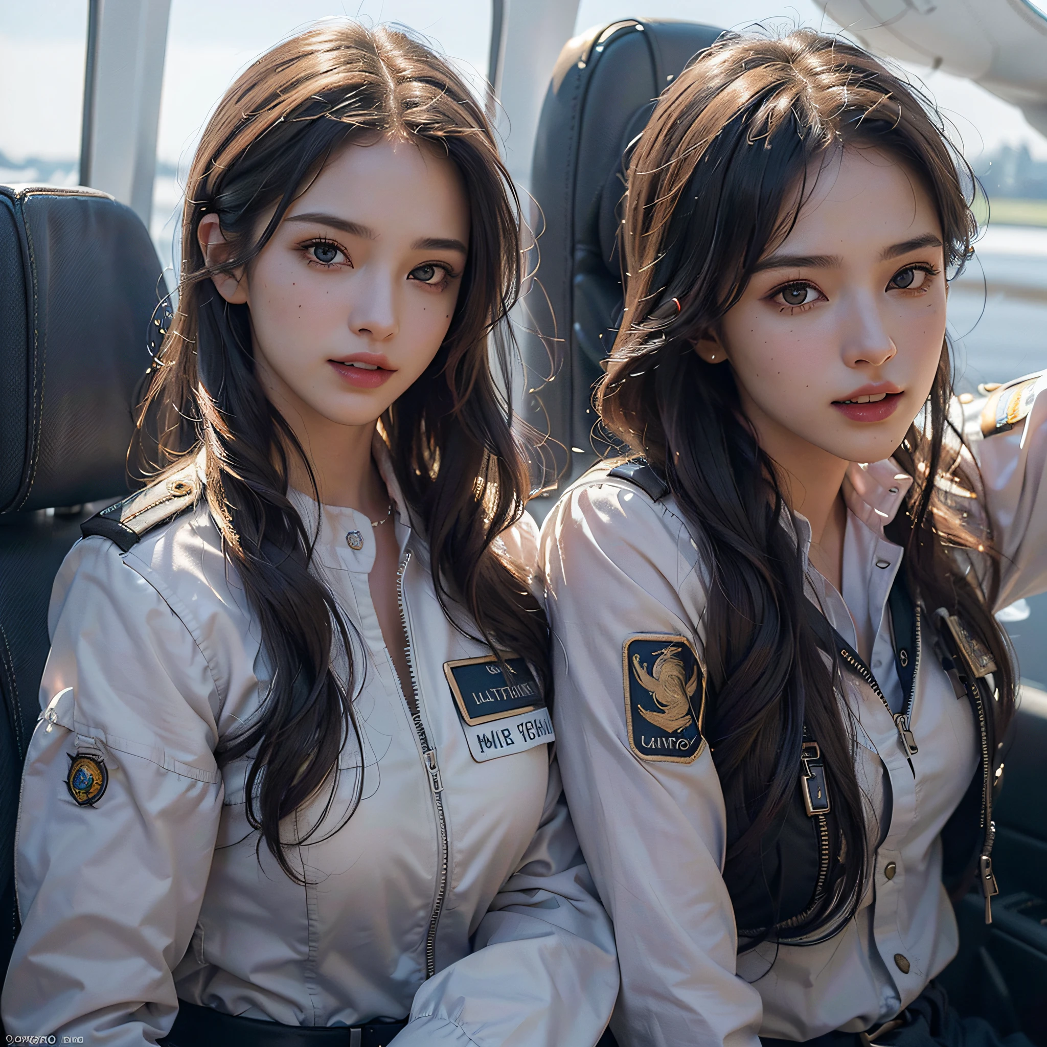 (masterpiece, best quality, beautiful quality, photorealistic, looking at viewer, detailed lighting, extremely detailed skin, extremely detailed hair, extremely detailed teeth, shadows, 8k:1.2), (a picture of a woman is a (commercial plane pilot), 1girl:1.2)(full body), pilot uniform, id card