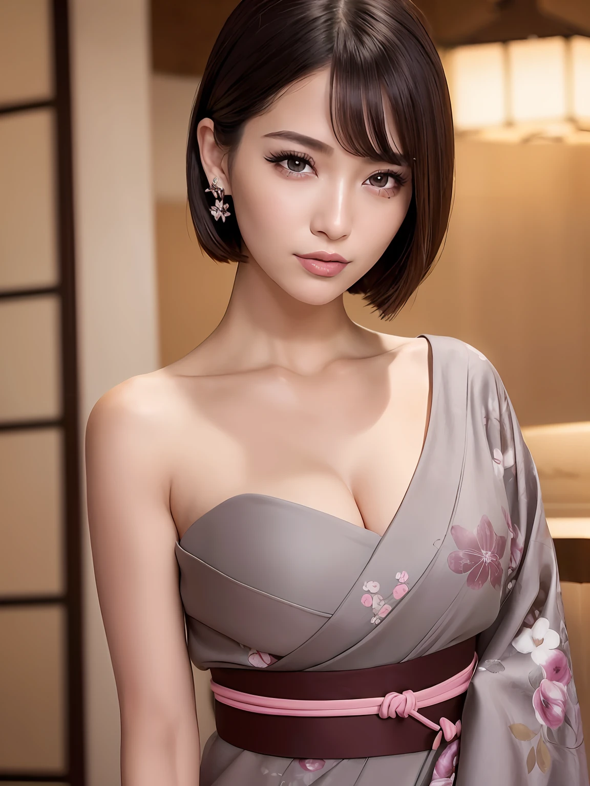 ((Top Quality, 8k, Masterpiece: 1.3)), (Realistic, Photorealistic: 1.3), Photography, Japan People, Beauty, 1 Girl, Big: 1.3, Slender Waist: 1.1, Dark Brown Hair, Wearing a Kimono, Standing, Happy, Looking Viewer, Facing Front, Ultra Detailed Face, Highly Detailed Lips, Detailed Eyes, Double Eyelids, Detailed Clavicle, Dense Droopy Eye Makeup, Seduction, Dark Eyeliner, Long Eyelashes, blushing cheeks, smile, embarrassed, attractive lips, sushi restaurant in-store, in-store, proof of professional