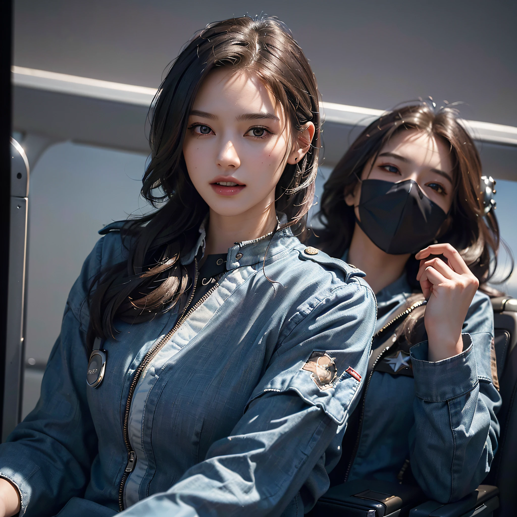 (masterpiece, best quality, beautiful quality, photorealistic, looking at viewer, detailed lighting, extremely detailed skin, extremely detailed hair, extremely detailed teeth, shadows, 8k:1.2), (a picture of a woman is a (commercial plane pilot), 1girl:1.2)(full body), pilot uniform, id card