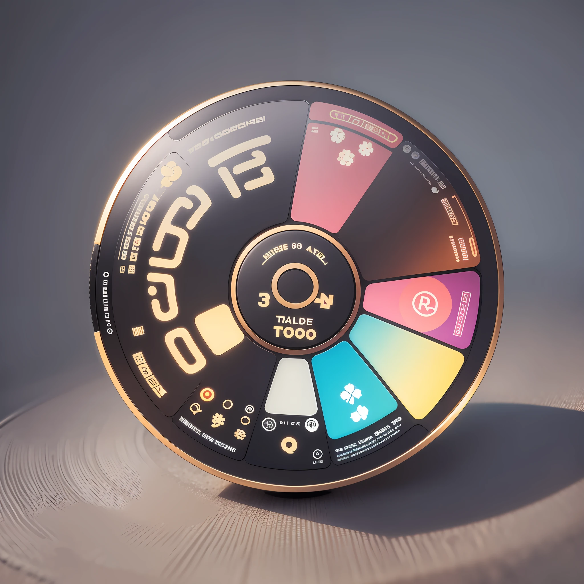 There is a raffle dial, the surface of the disk is facing the picture, color, 3D icons, large turns, smooth surface, cute, Q version, chibi style, meat toot, natural gradient, fresh and elegant, light strong light on the edges, soft light, transparent light, solid background, high resolution, best quality, 8k,