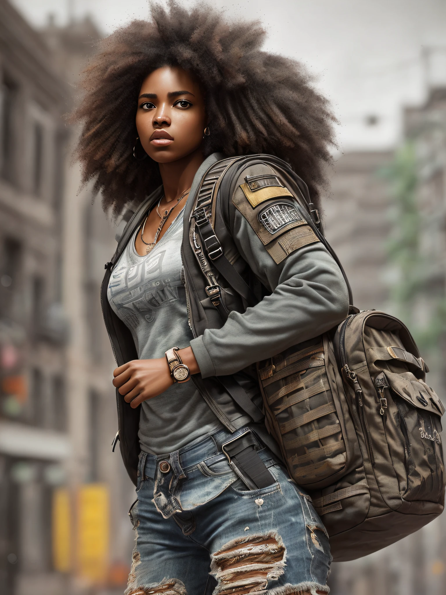 strong muscularblack woman, afro natural hair, street angry, backpack, epic realistic, photo, faded, complex stuff around, intricate background, soaking wet, neutral colors, ((((hdr)))), ((((muted colors)))), intricate scene, artstation, intricate details, vignette